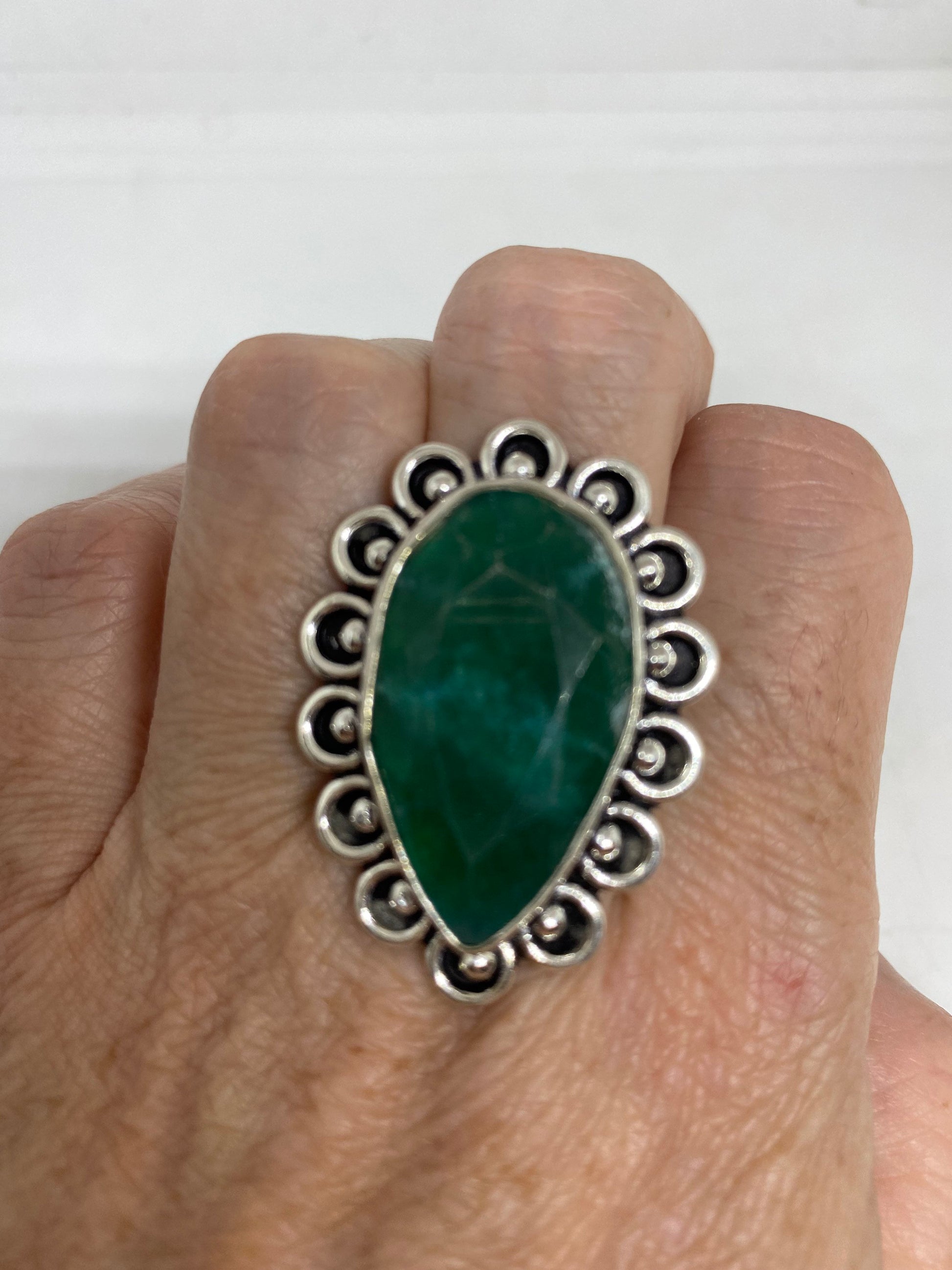 Vintage Green Raw Emerald Silver Bronze Statement Boho Ring