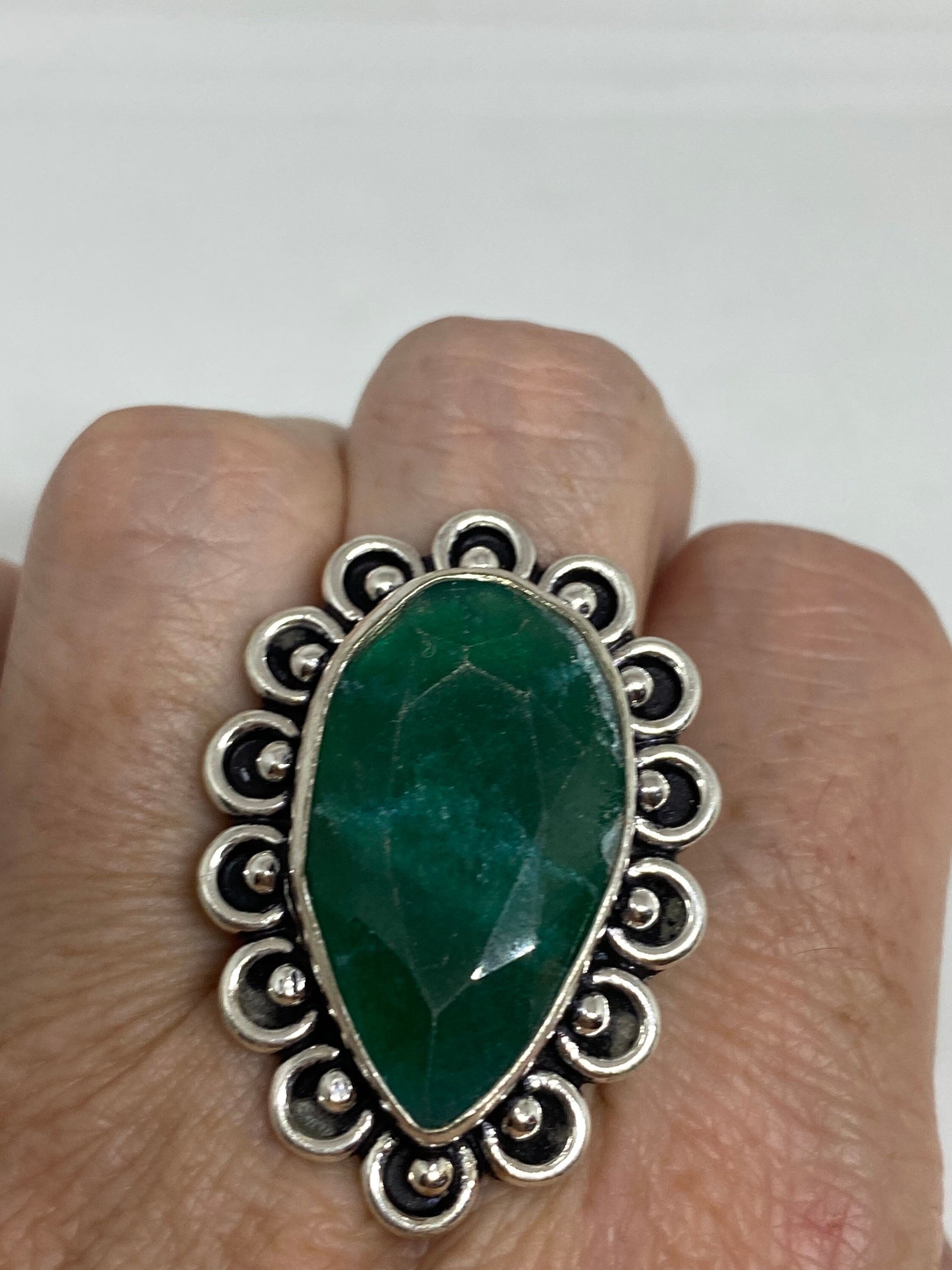 Vintage Green Raw Emerald Silver Bronze Statement Boho Ring