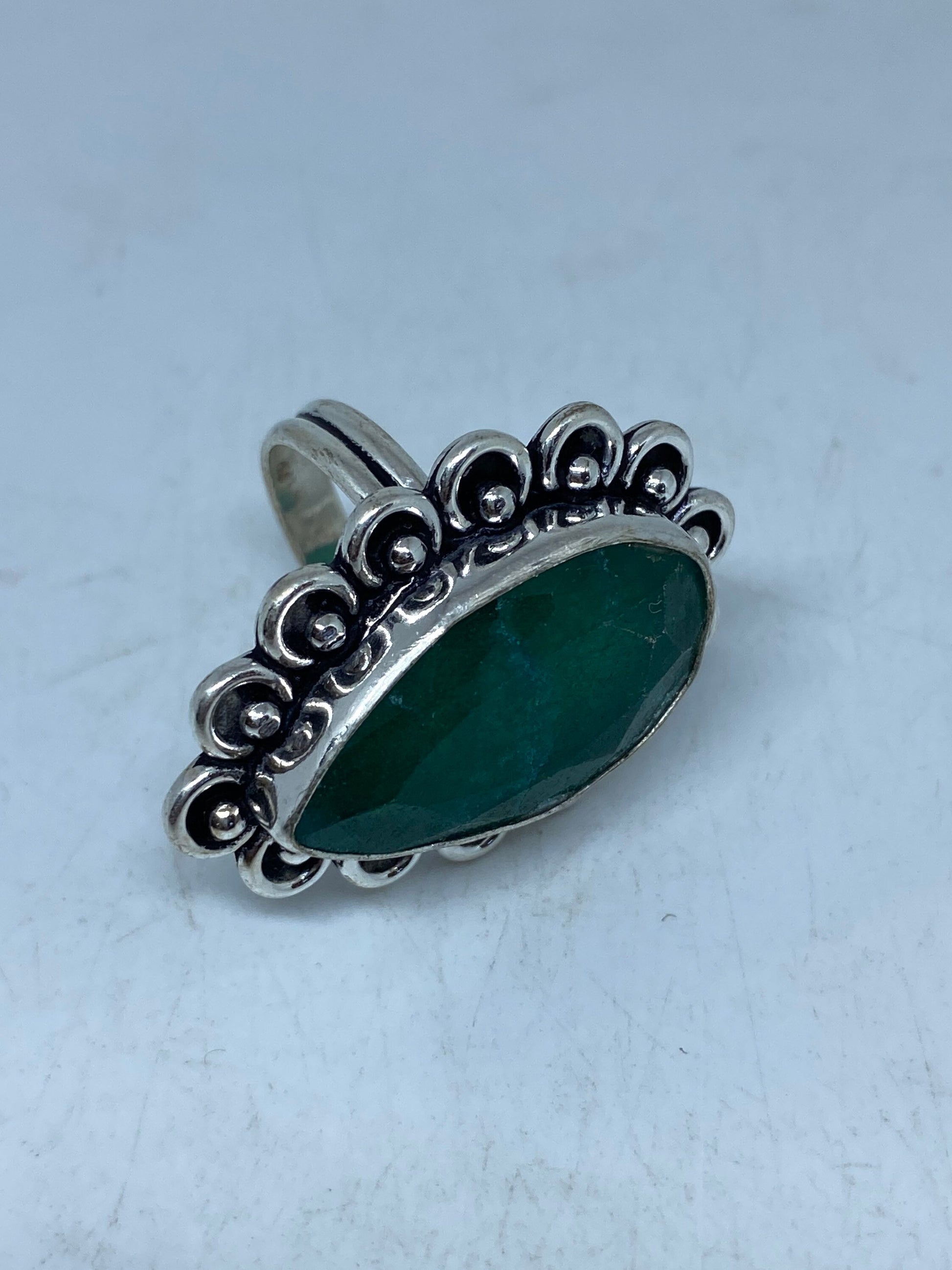 Vintage Green Raw Emerald Silver Bronze Statement Boho Ring