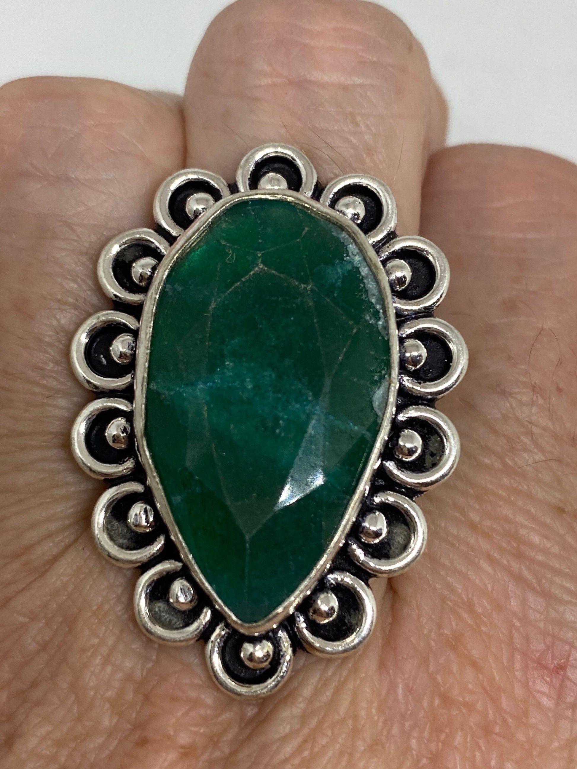 Vintage Green Raw Emerald Silver Bronze Statement Boho Ring