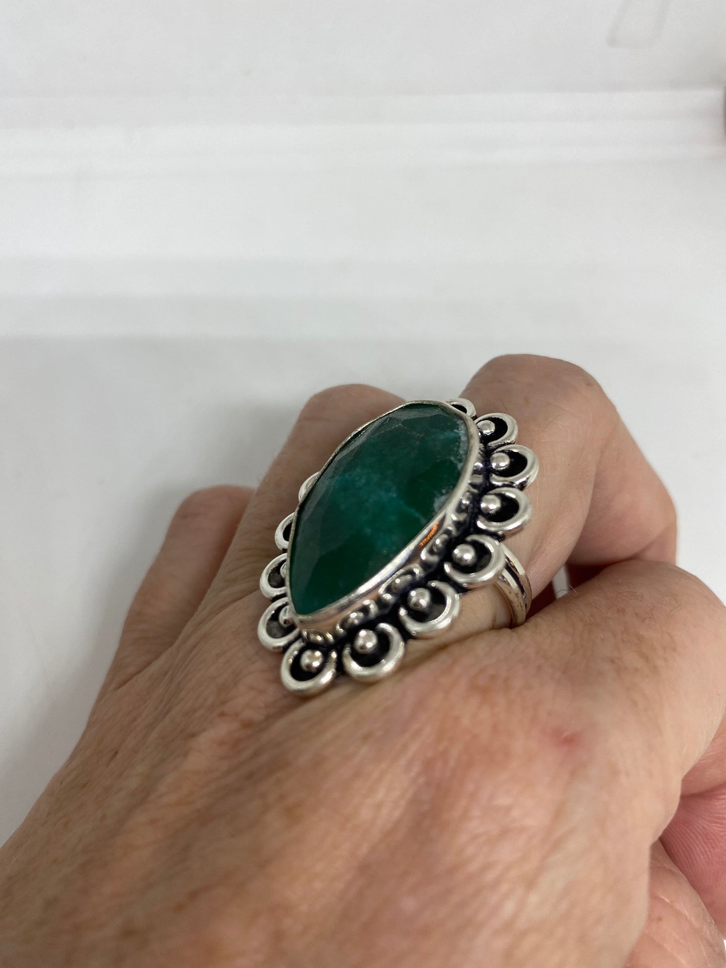 Vintage Green Raw Emerald Silver Bronze Statement Boho Ring