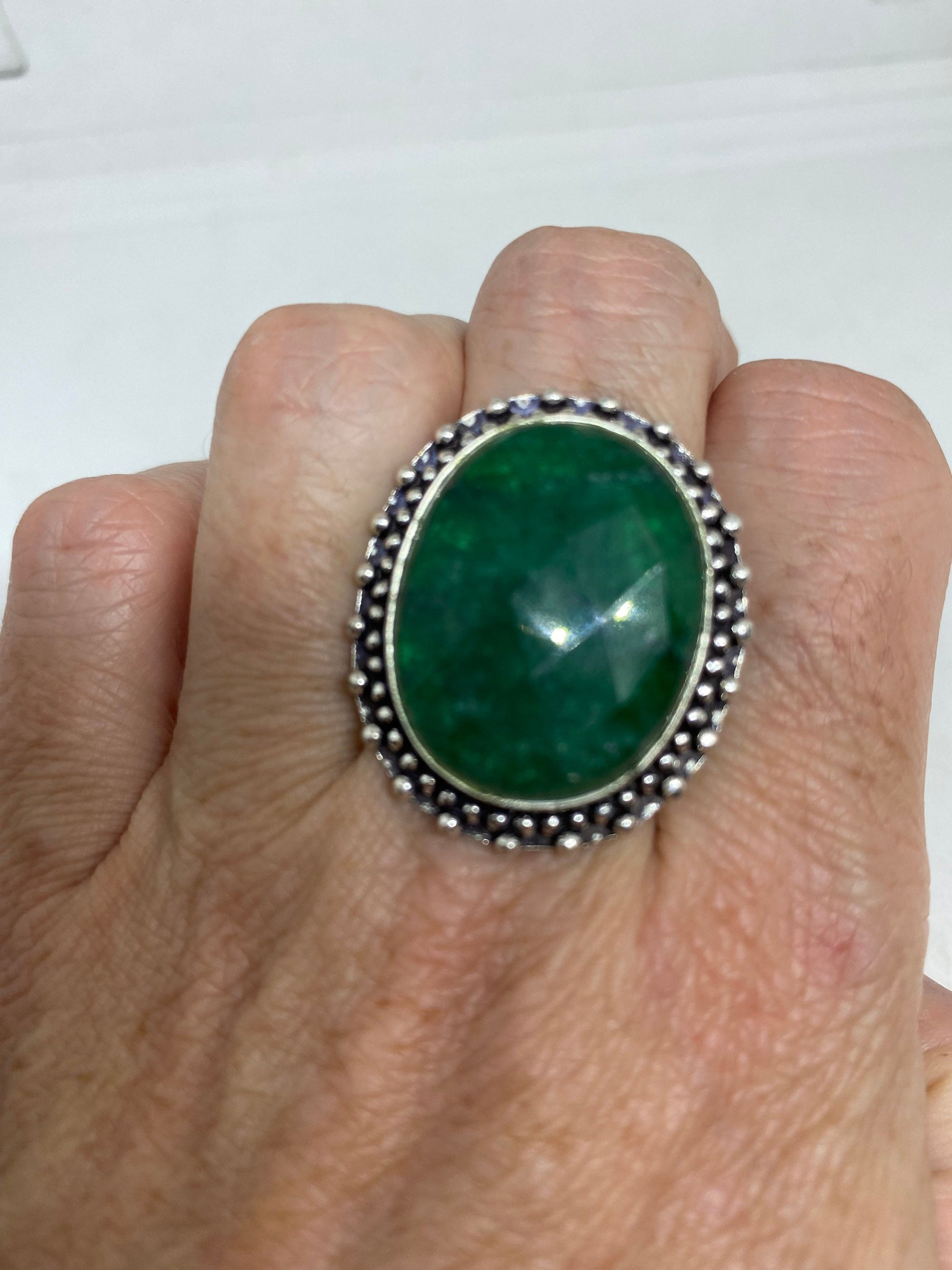 Vintage Green Raw Emerald Silver Bronze Statement Boho Ring