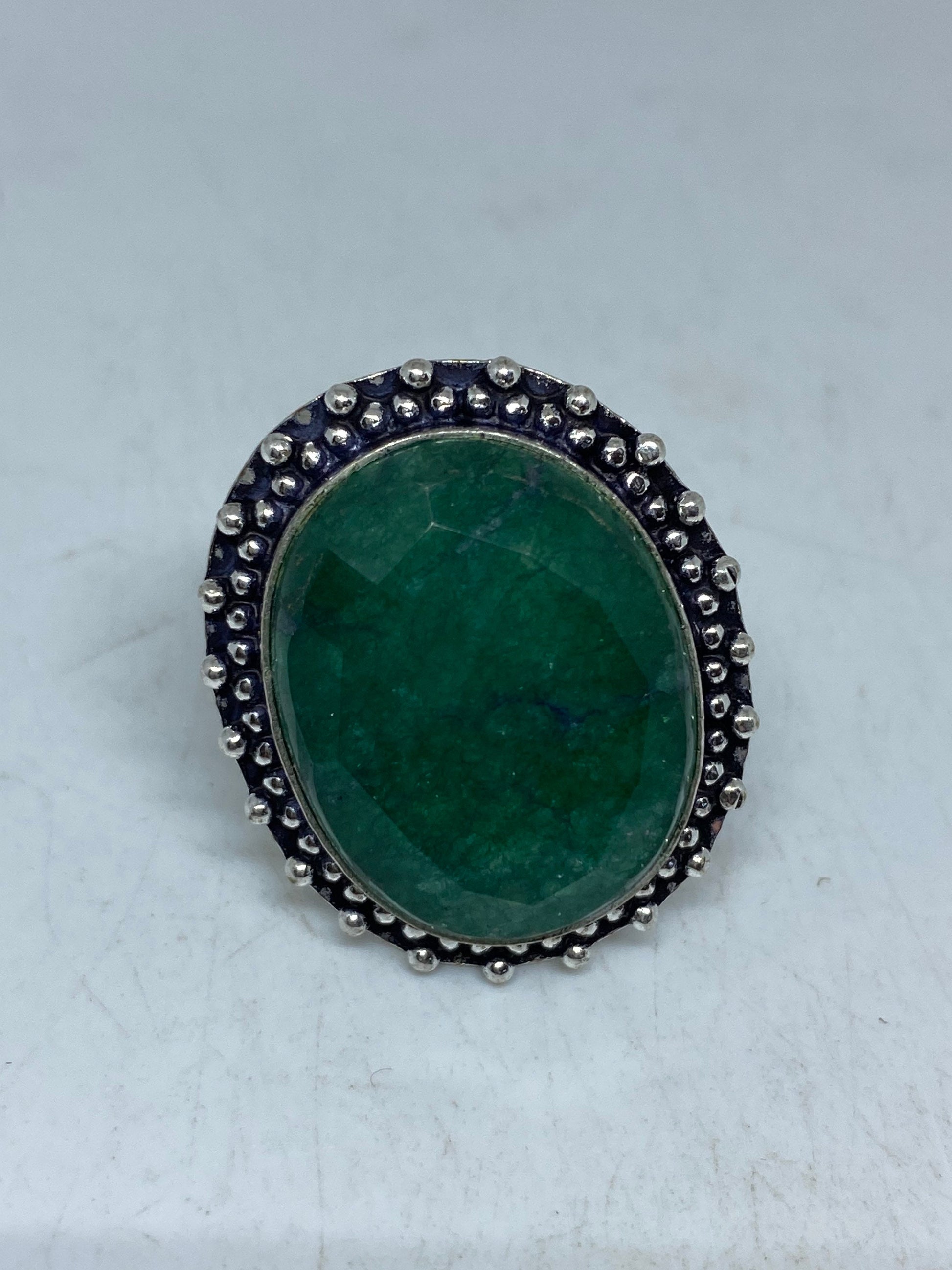 Vintage Green Raw Emerald Silver Bronze Statement Boho Ring