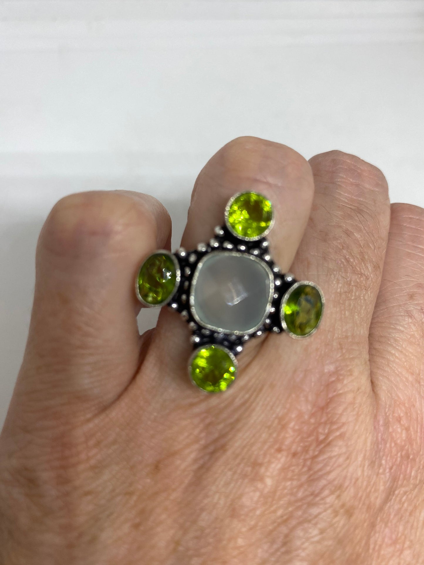 Vintage Blue Calcedony Peridot Stone Silver Ring