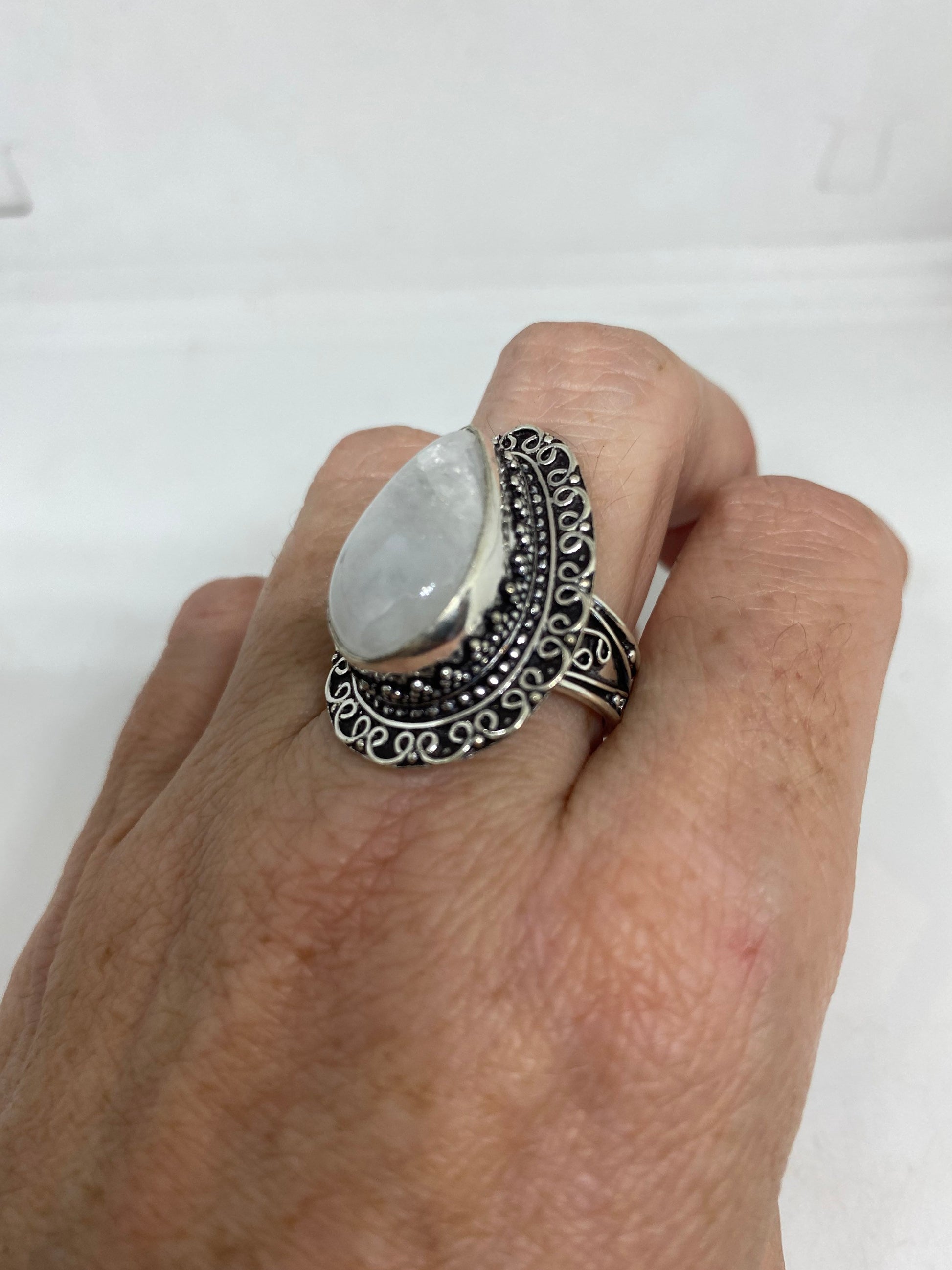 Vintage Large Blue White Rainbow Moonstone Stone Silver Ring