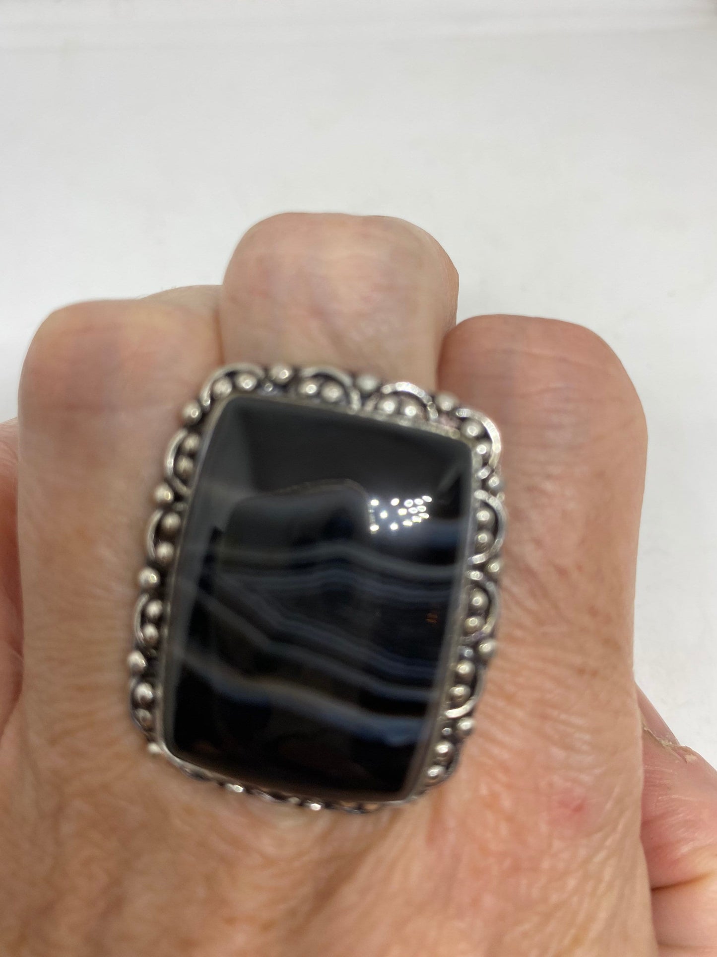 Vintage Black and White Agate Cocktail Ring