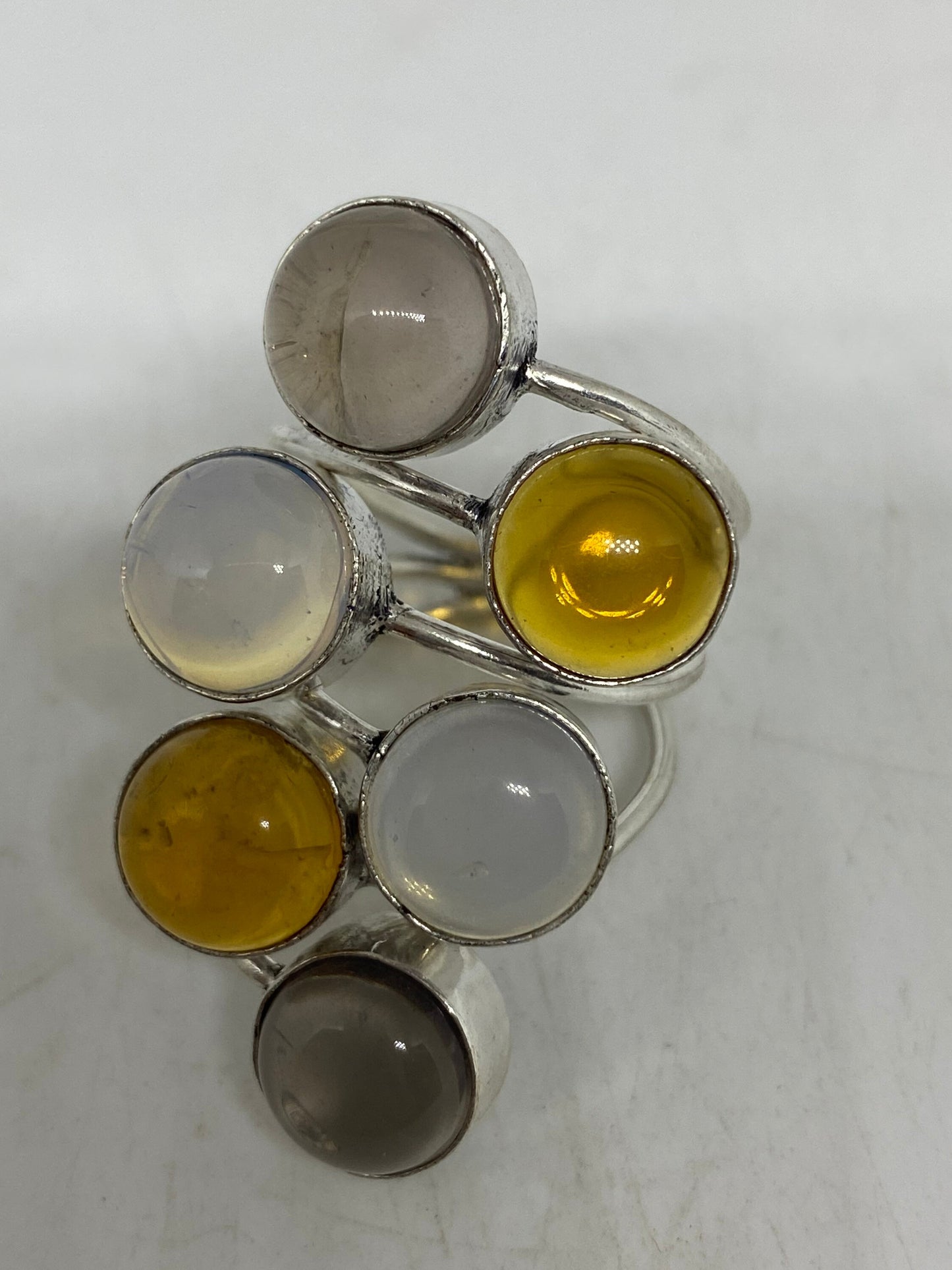 Vintage Genuine Citrine, Topaz, Moonstone Silver Adjustable Cocktail Ring