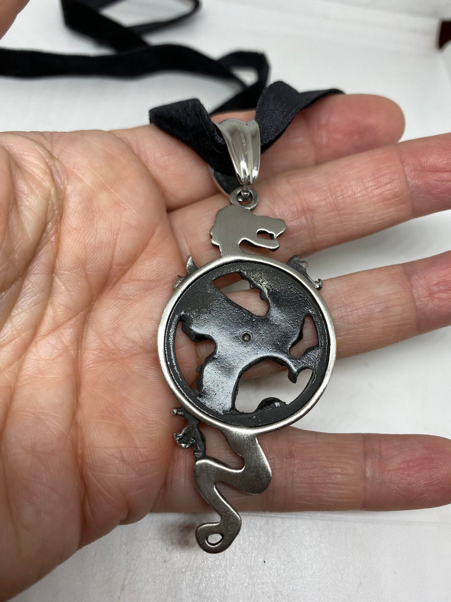 Vintage Silver Stainless Steel Gothic Celtic Dragon Pendant Necklace