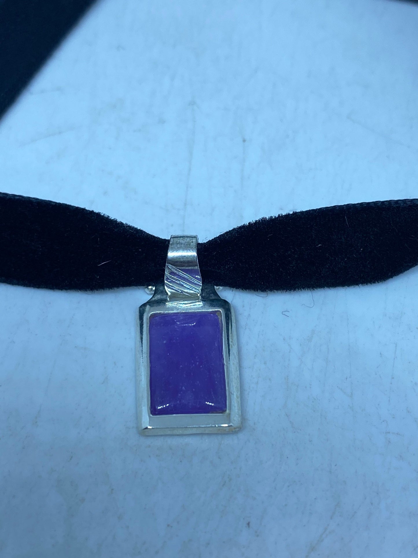 Vintage Purple Jade Choker 925 Sterling Silver Pendant Necklace