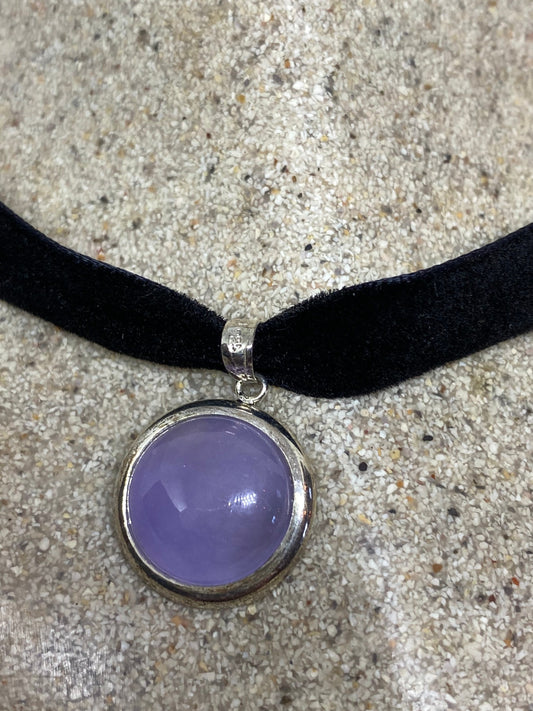 Vintage Purple Jade Choker 925 Sterling Silver Pendant Necklace