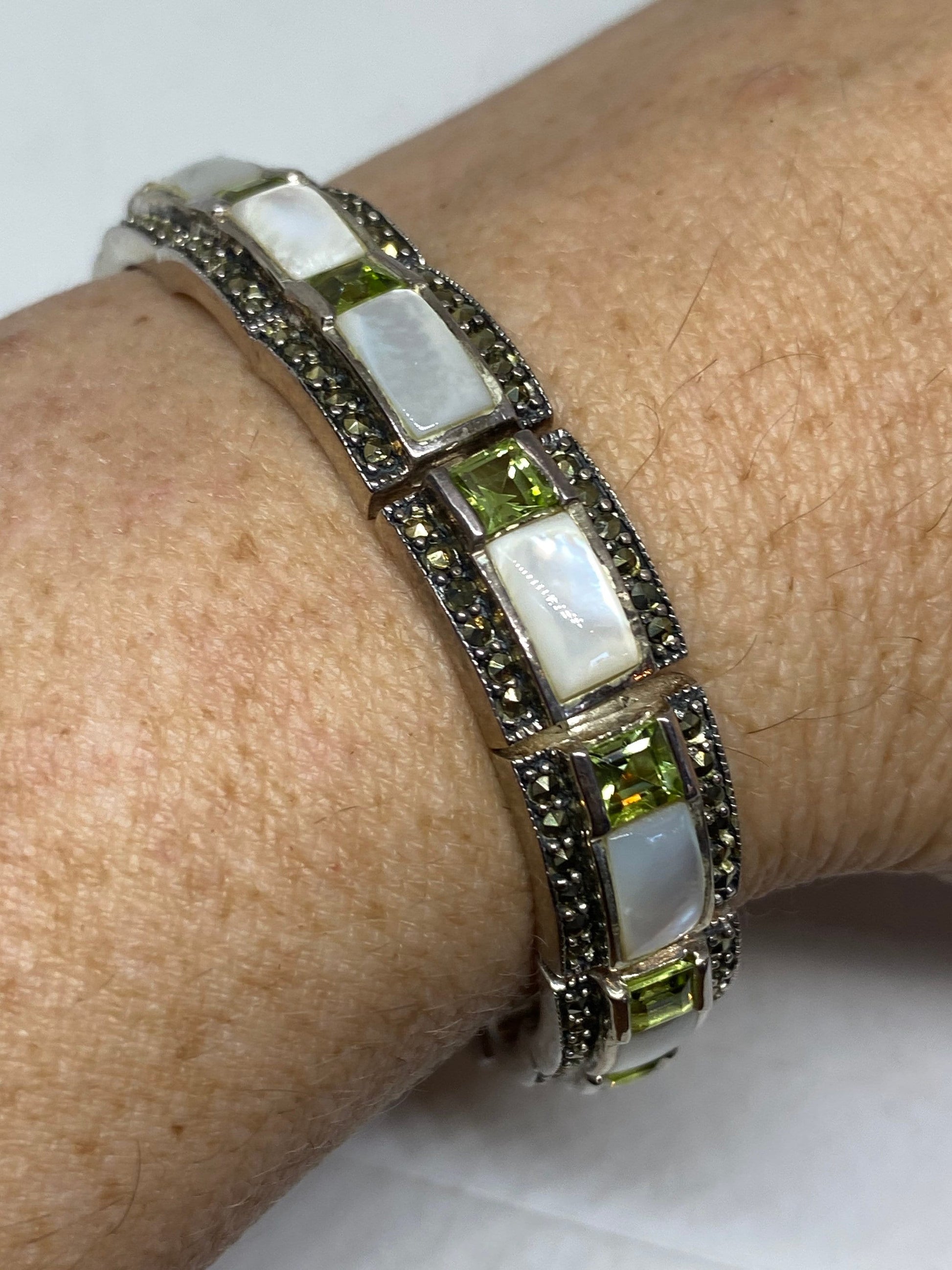 Vintage Marcasite Bracelet 925 Sterling Silver Mother of Pearl Peridot