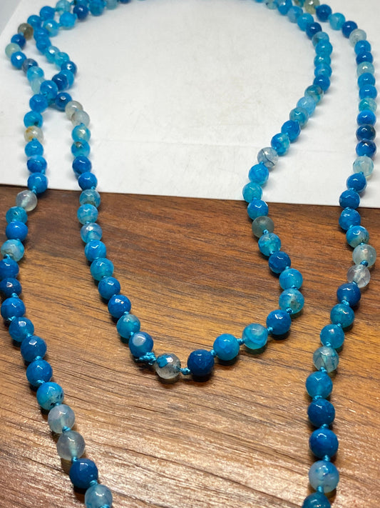 60 Inch Hand Knoted Vintage Blue Dyed Onyx beaded Necklace