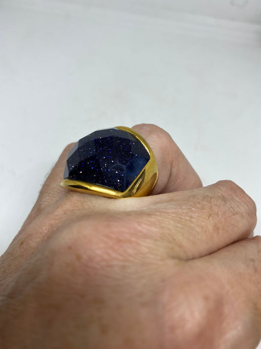 Vintage Handmade Deep Black Gold Sandstone Setting Silver Ring