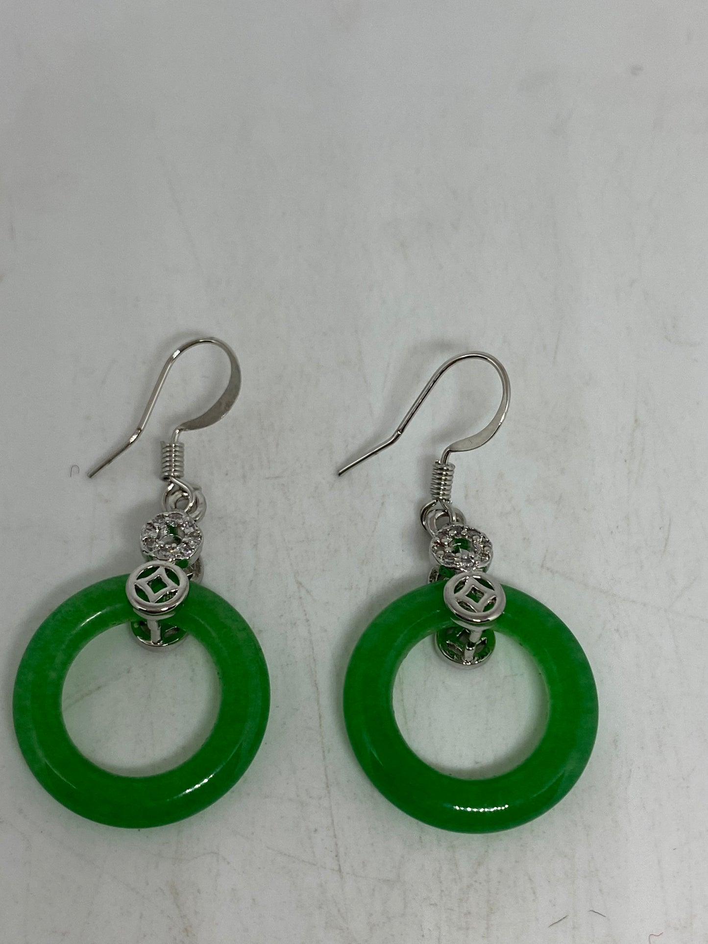 Vintage Fun Green Jade Gemstone Rhodium Bronze Earrings