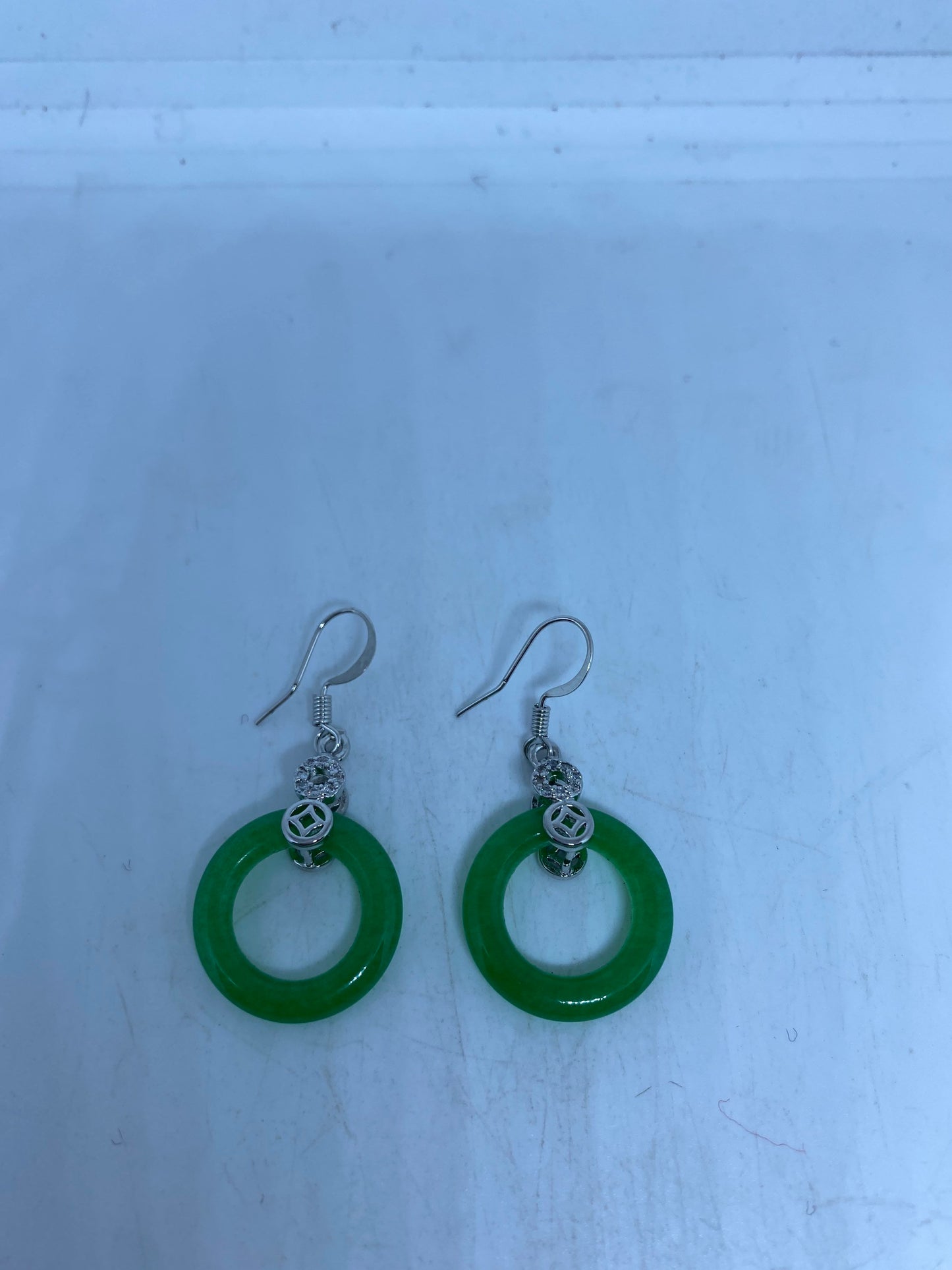 Vintage Fun Green Jade Gemstone Rhodium Bronze Earrings