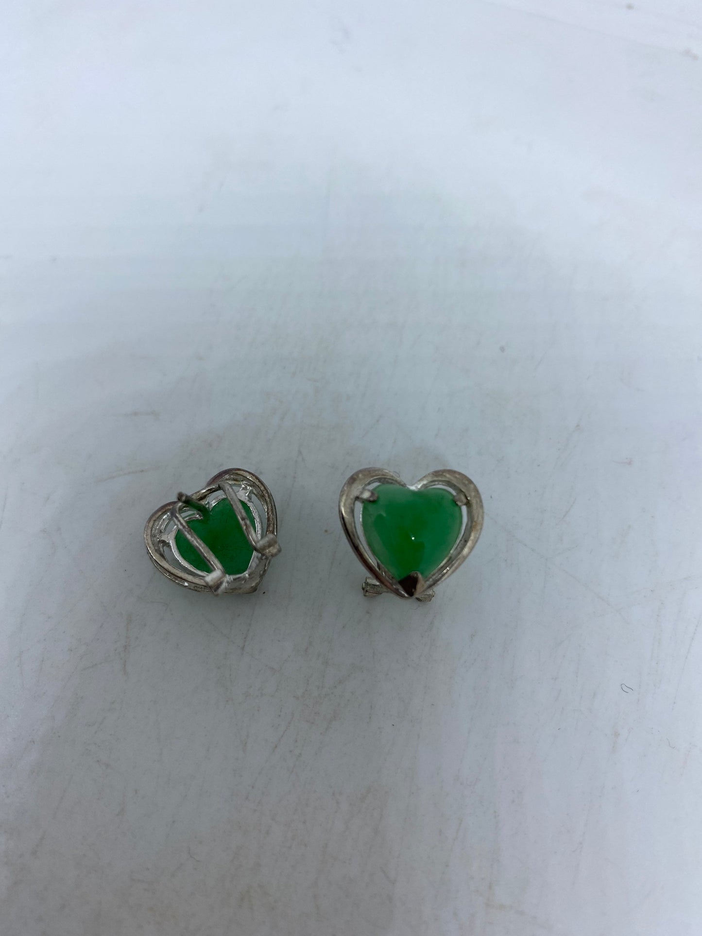 Vintage Green Jade Gemstone Sterling Silver Heart Earrings