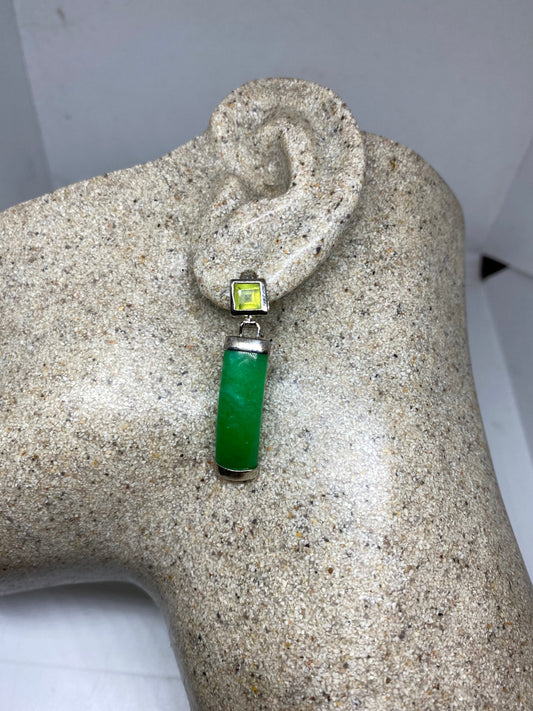 Vintage Green Jade and Peridot Gemstone Sterling Silver Heart Earrings