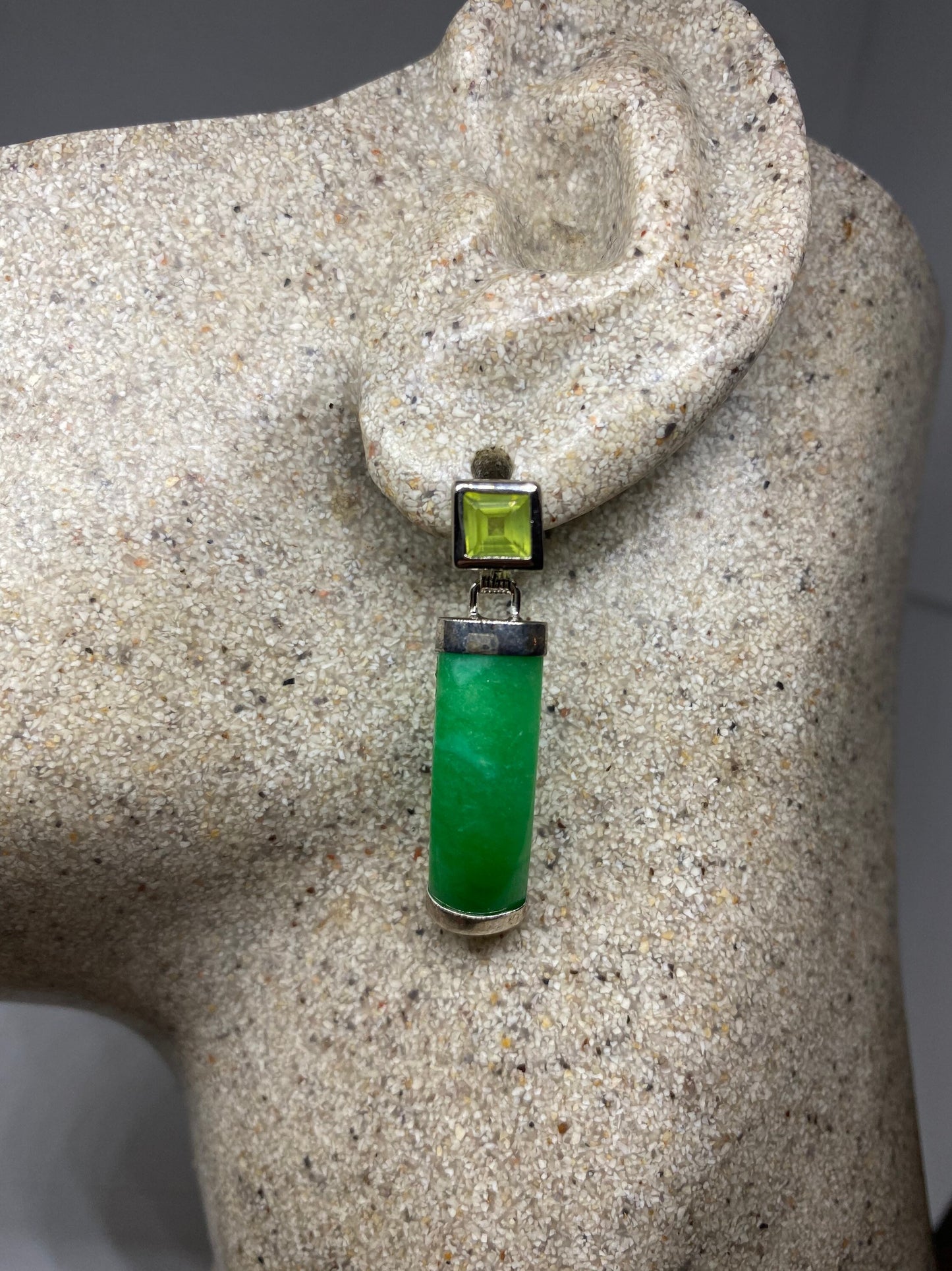 Vintage Green Jade and Peridot Gemstone Sterling Silver Heart Earrings