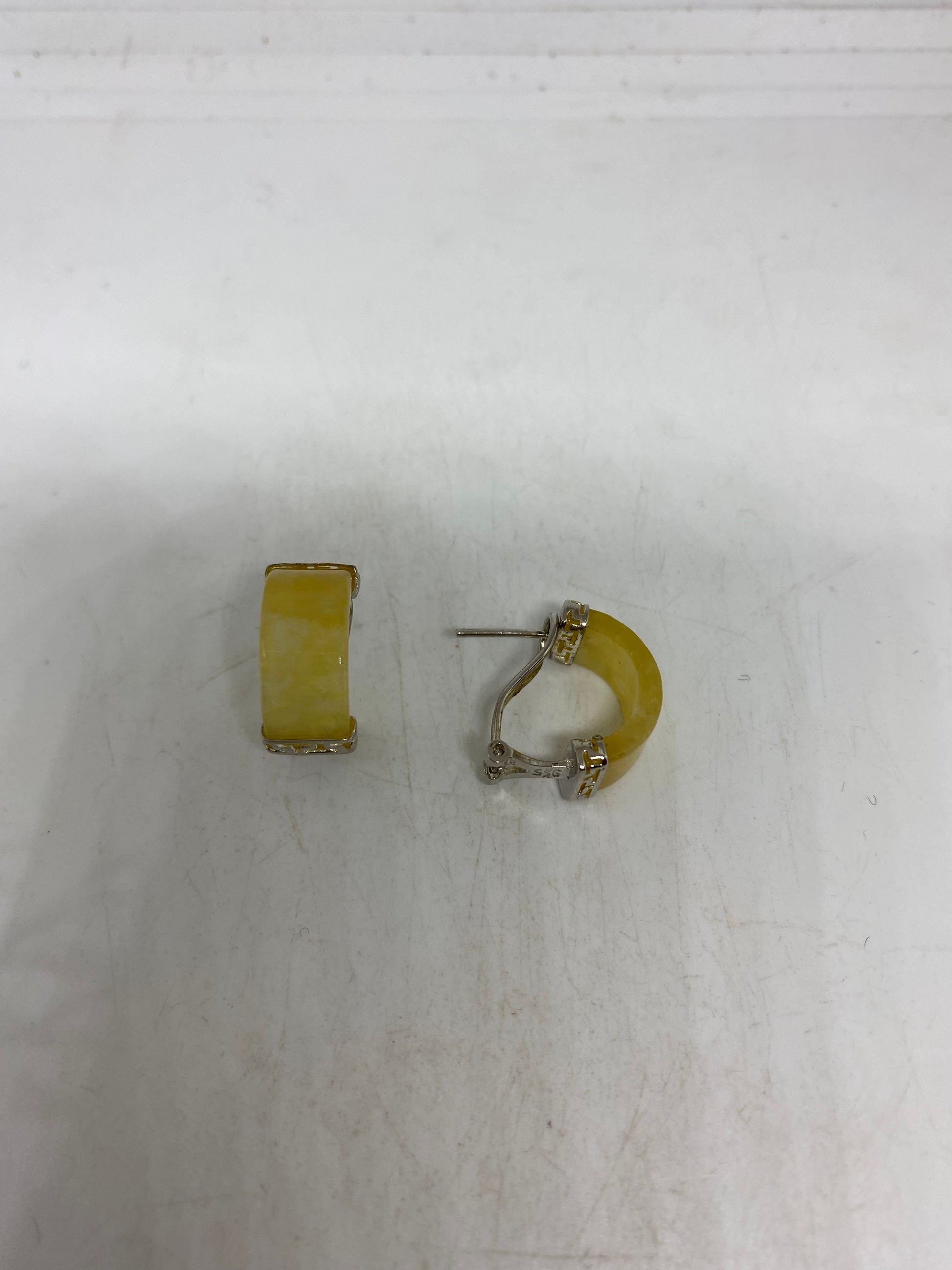 Vintage Genuine Yellow Jade Gemstone Silver Earrings