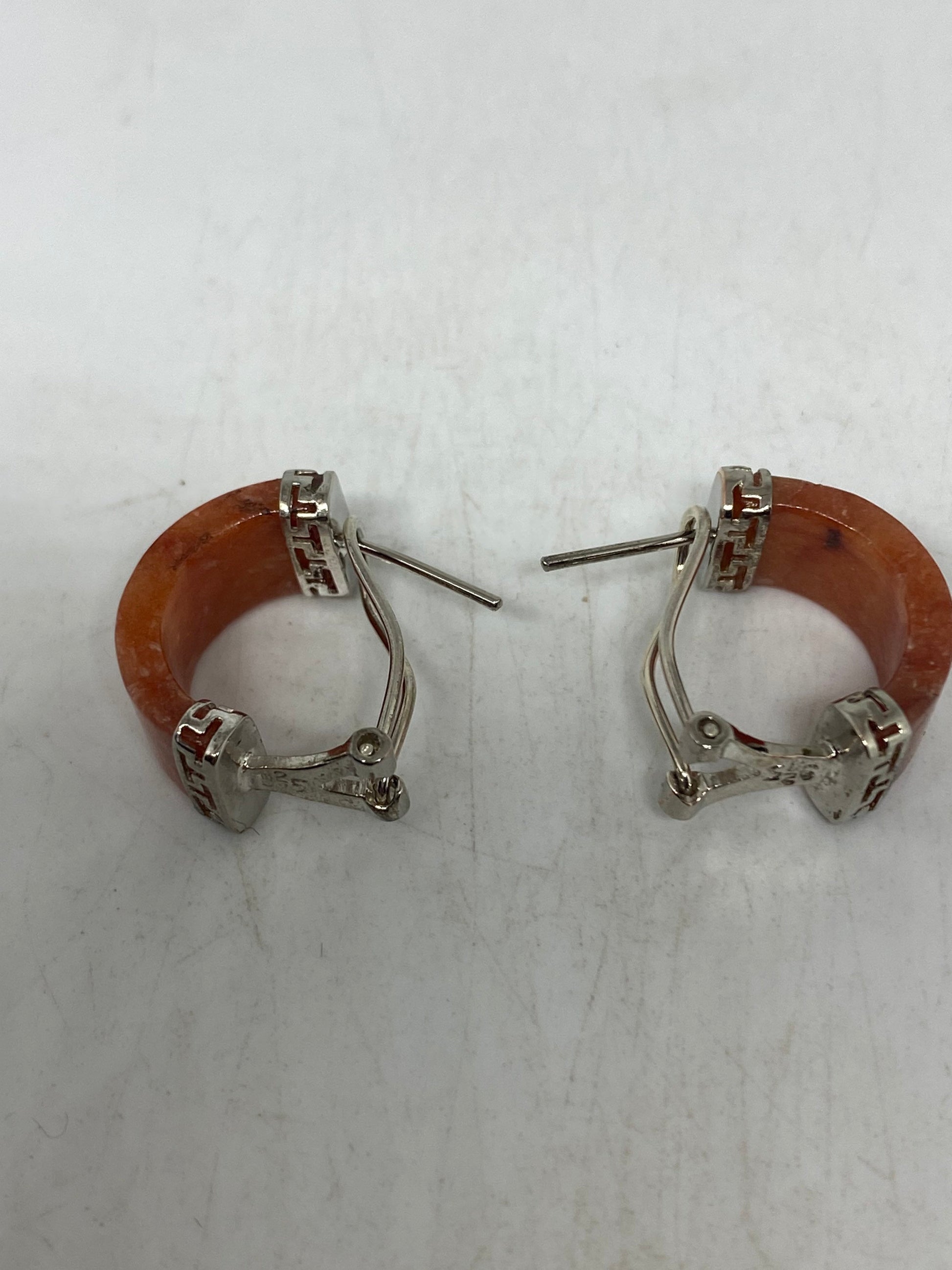 Vintage Genuine Orange Jade Gemstone Silver Earrings