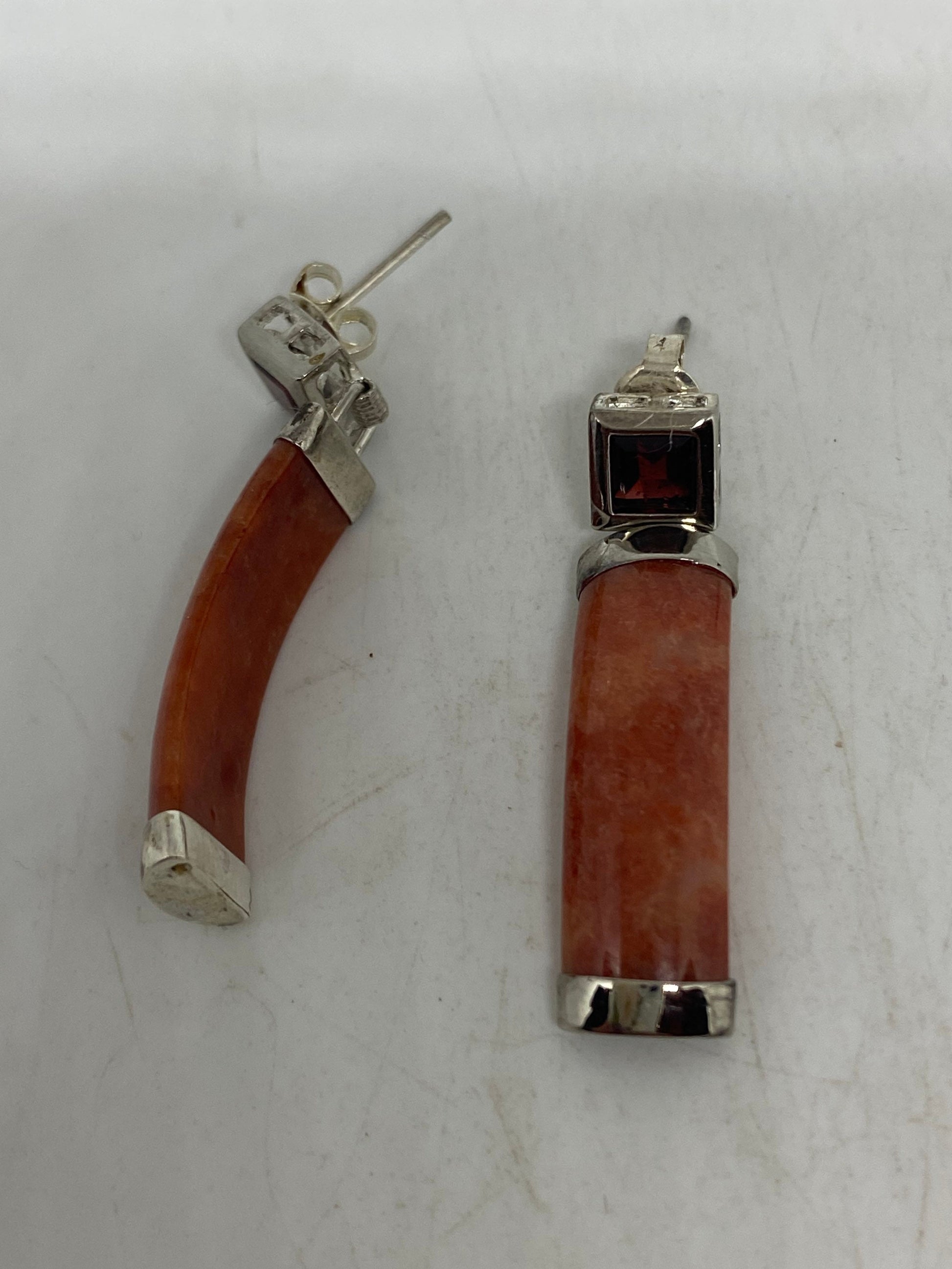 Vintage Genuine Orange Jade and Garnet Gemstone Silver Earrings