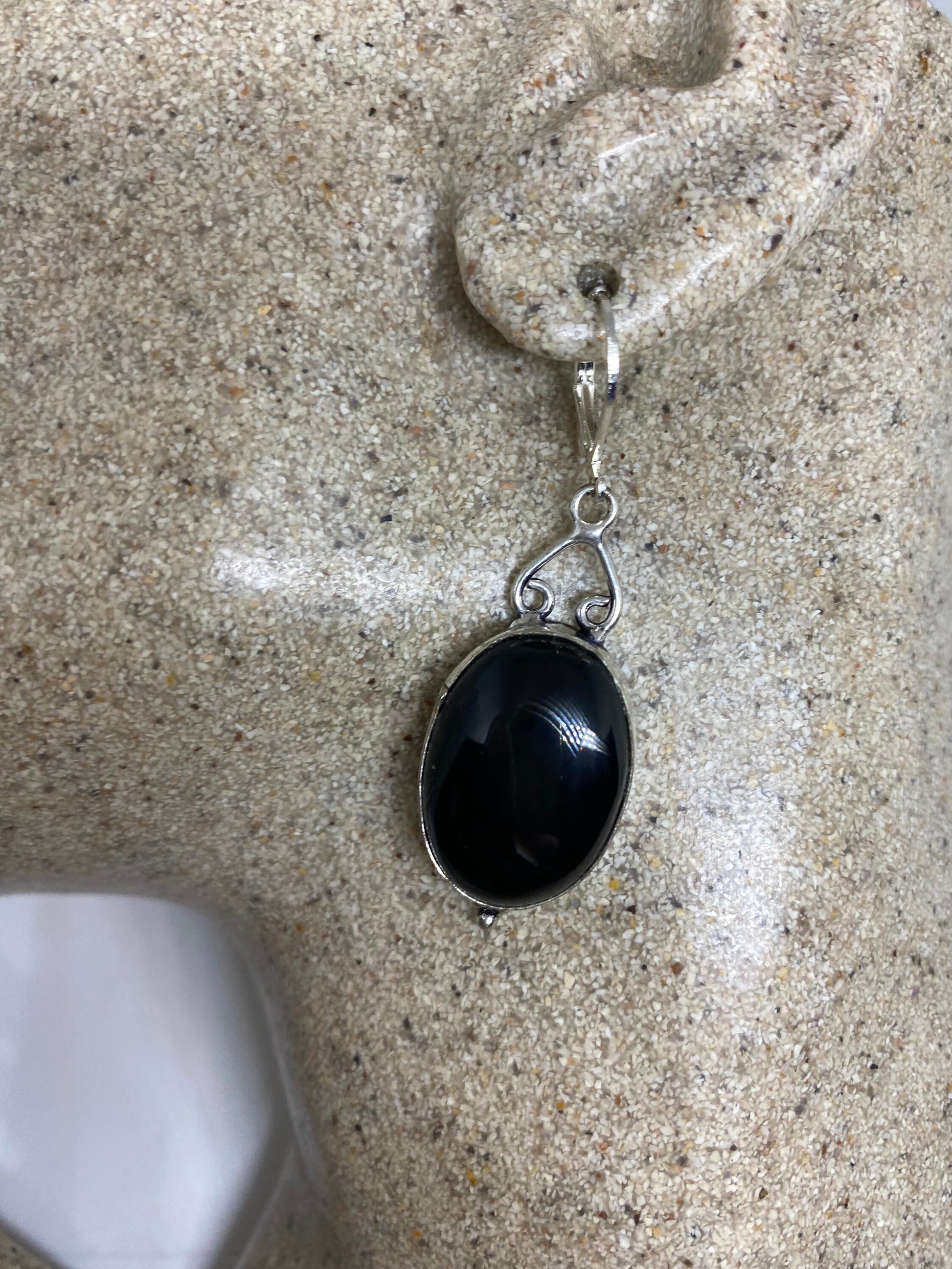 Vintage Black Earring Onyx 925 Sterling Silver Deco Dangle Chandelier