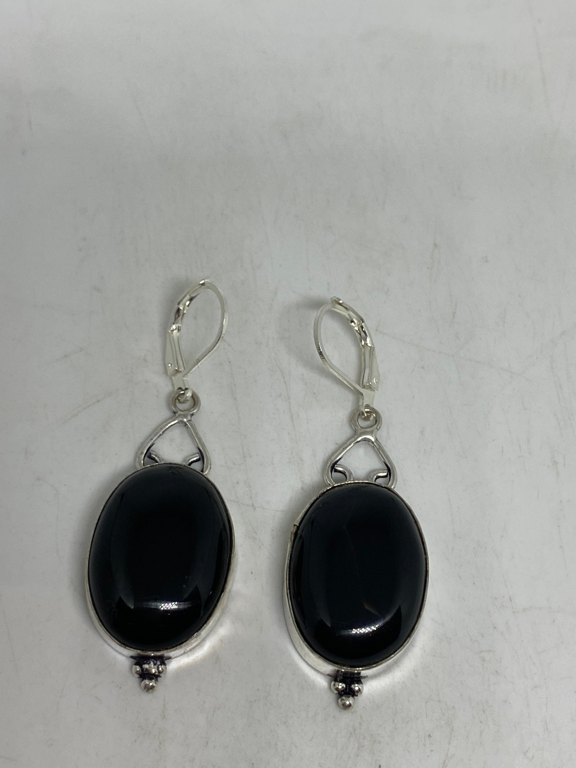 Vintage Black Earring Onyx 925 Sterling Silver Deco Dangle Chandelier