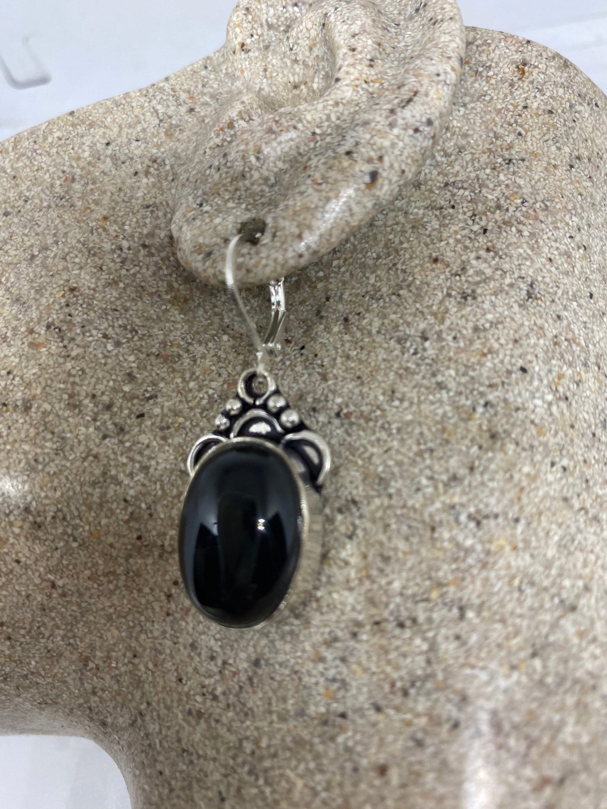 Vintage Black Earring Onyx 925 Sterling Silver Deco Dangle Chandelier