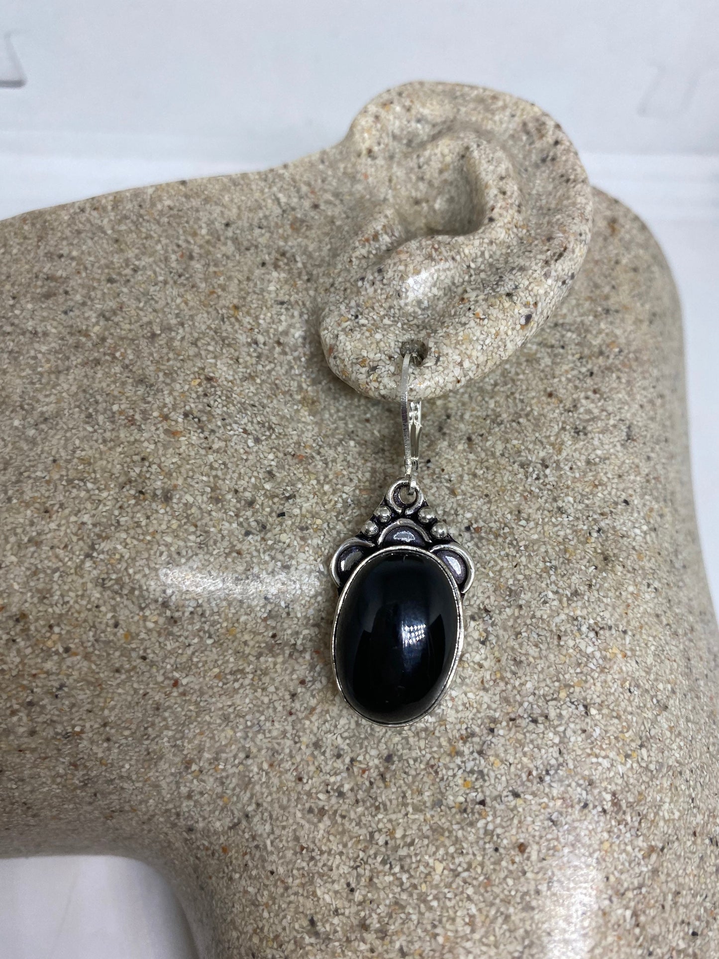 Vintage Black Earring Onyx 925 Sterling Silver Deco Dangle Chandelier