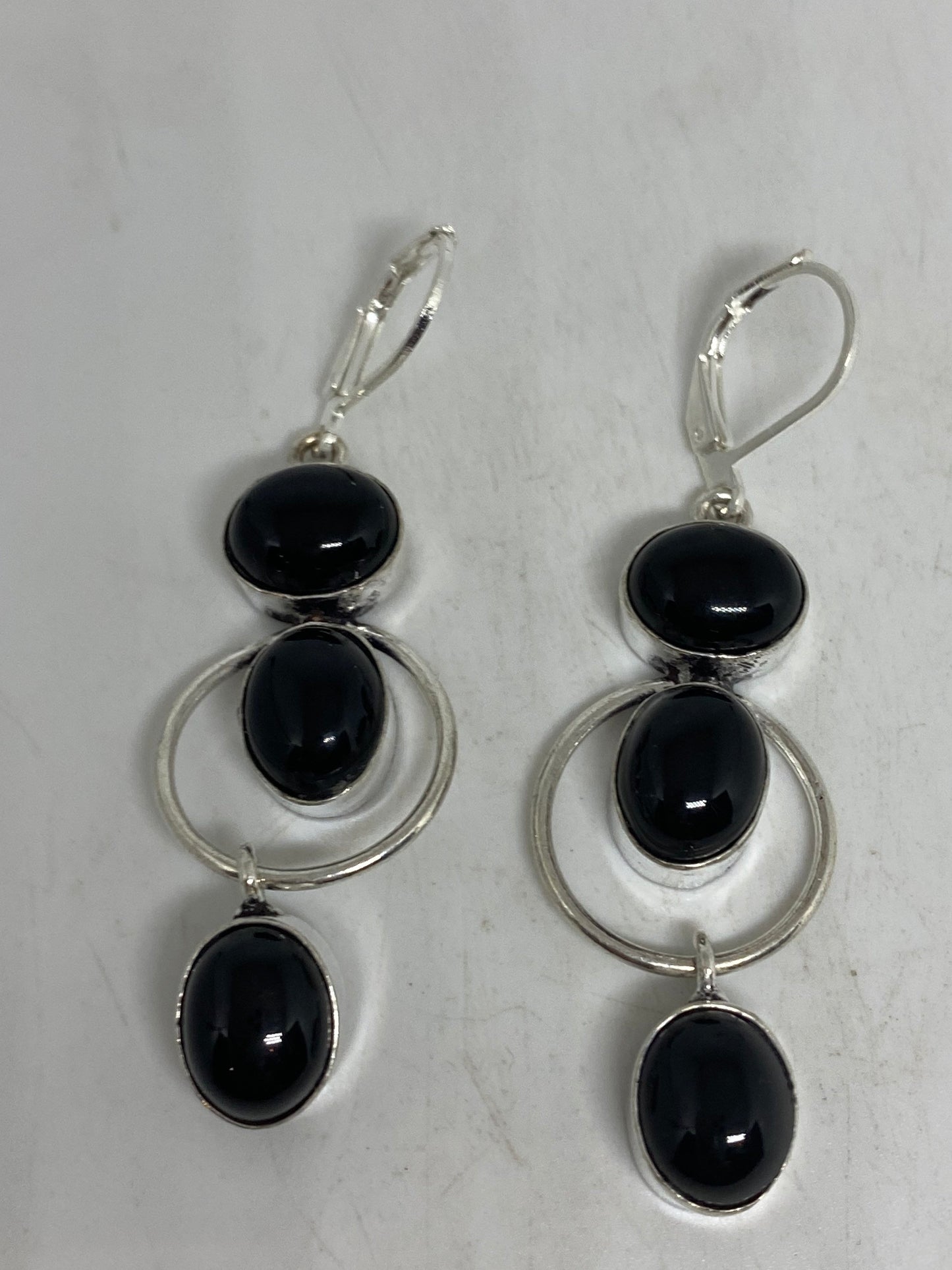 Vintage Black Earring Onyx 925 Sterling Silver Deco Dangle Chandelier