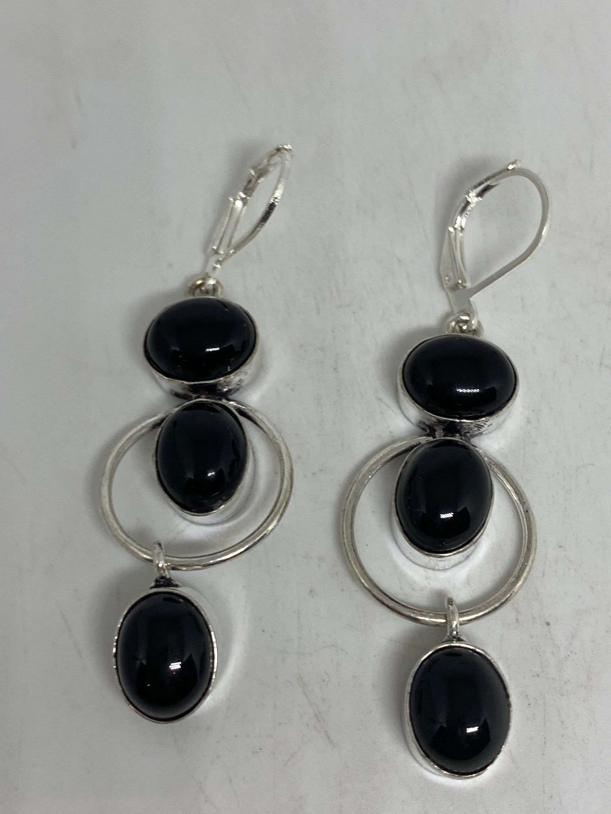 Vintage Black Earring Onyx 925 Sterling Silver Deco Dangle Chandelier