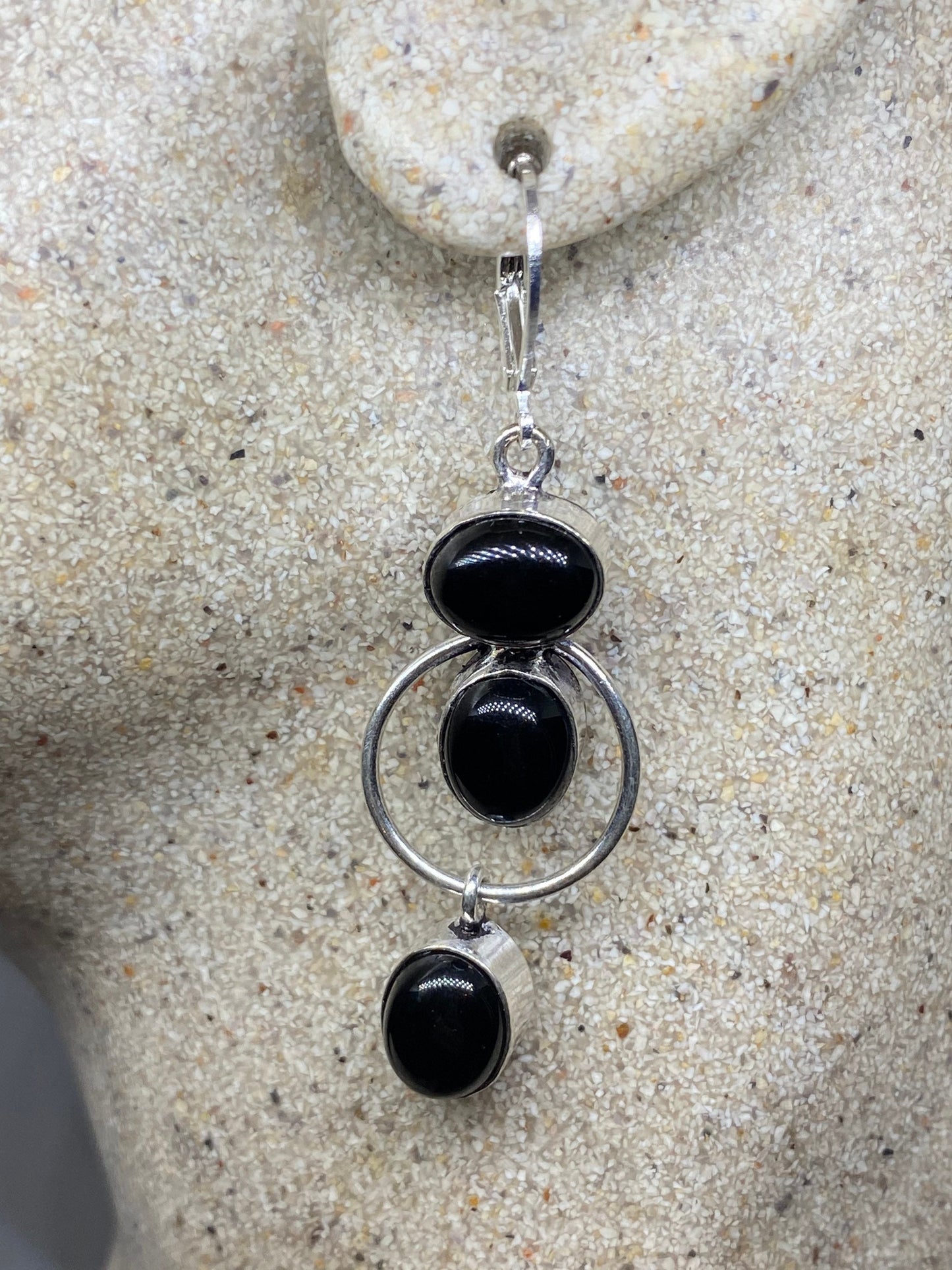 Vintage Black Earring Onyx 925 Sterling Silver Deco Dangle Chandelier