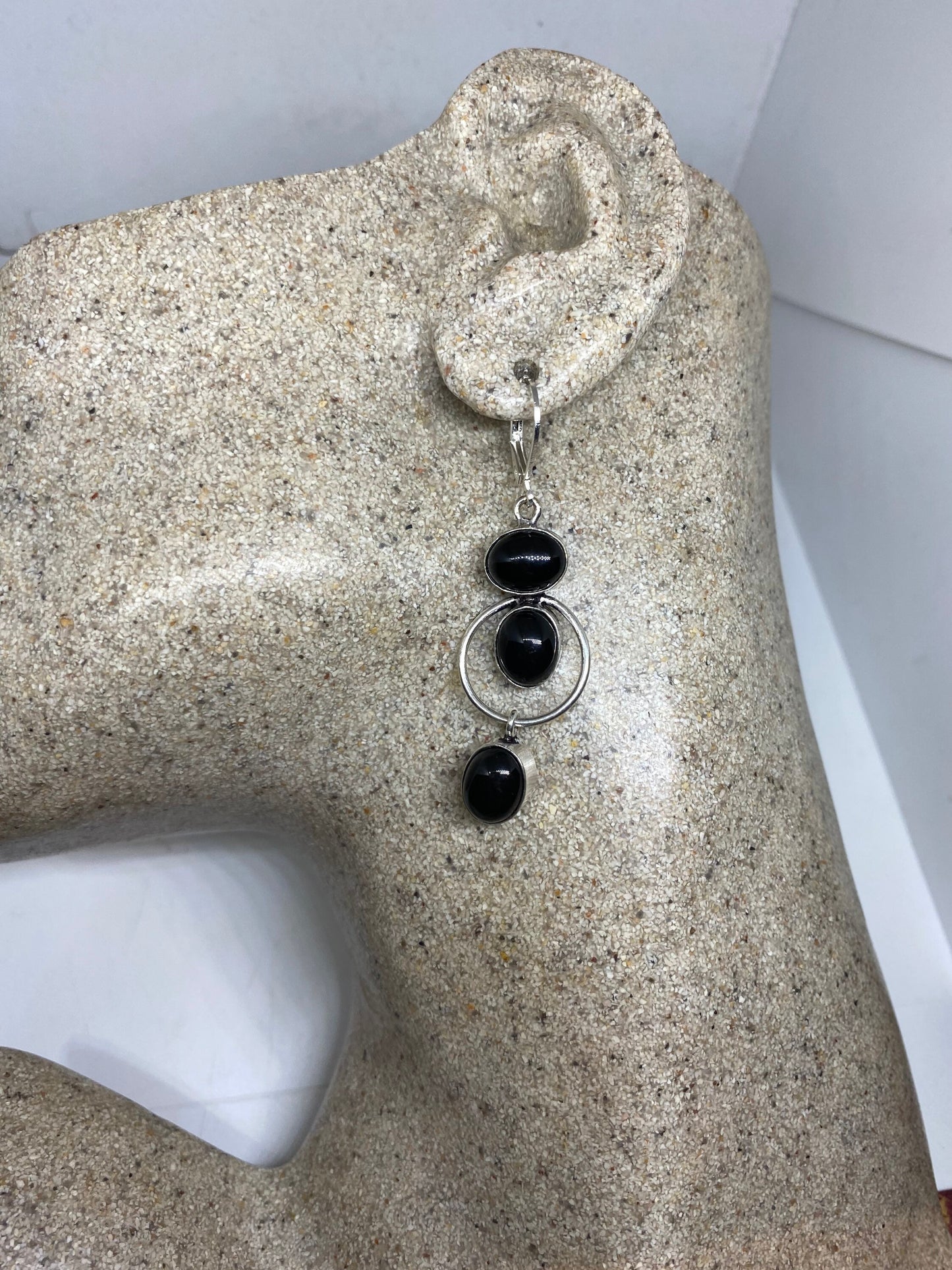 Vintage Black Earring Onyx 925 Sterling Silver Deco Dangle Chandelier