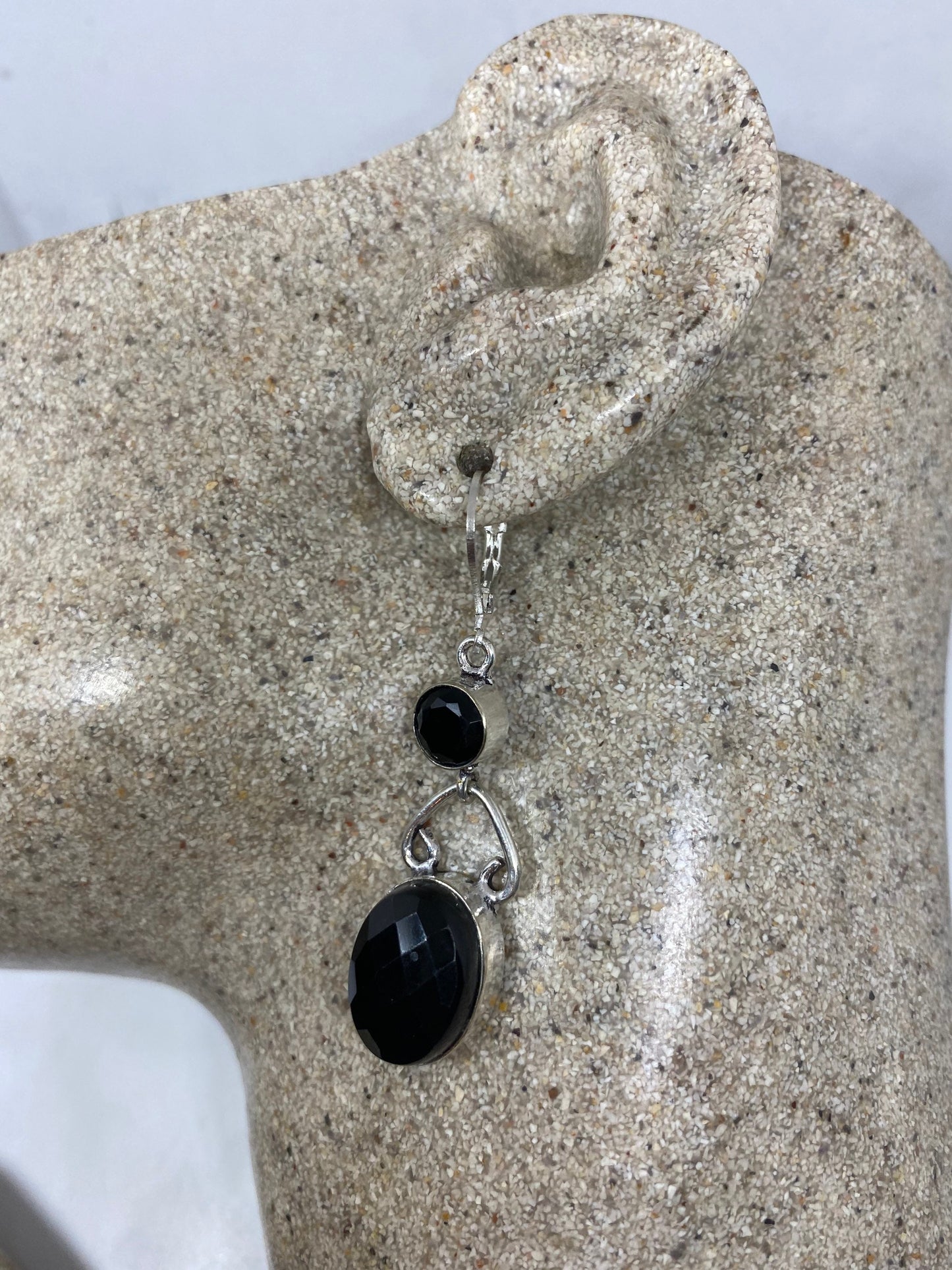 Vintage Black Earring Onyx 925 Sterling Silver Deco Dangle Chandelier