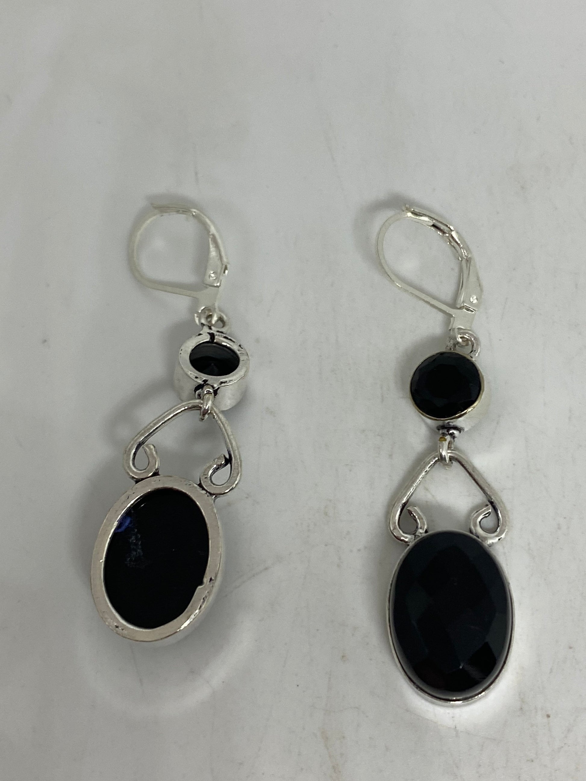 Vintage Black Earring Onyx 925 Sterling Silver Deco Dangle Chandelier