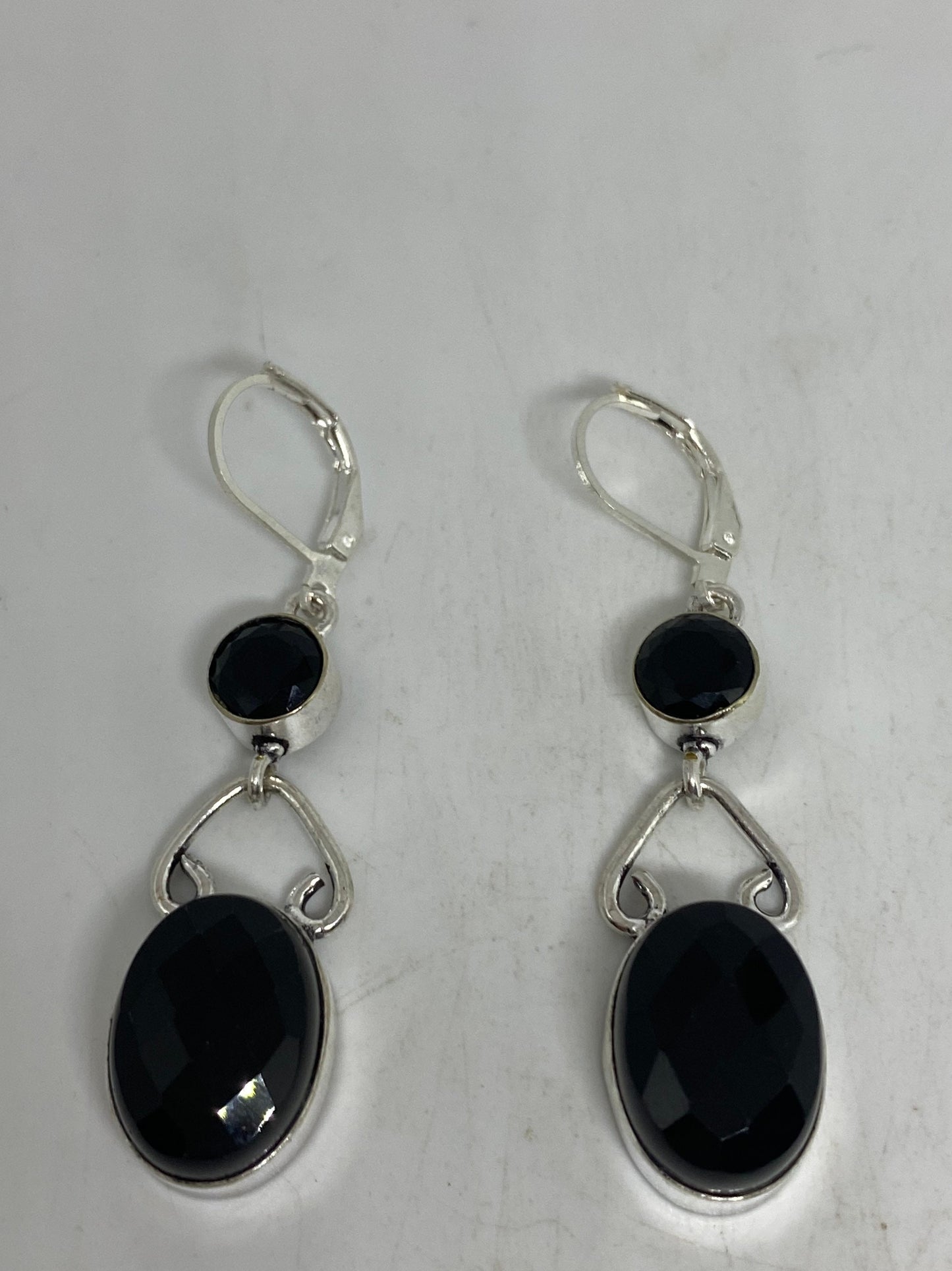 Vintage Black Earring Onyx 925 Sterling Silver Deco Dangle Chandelier