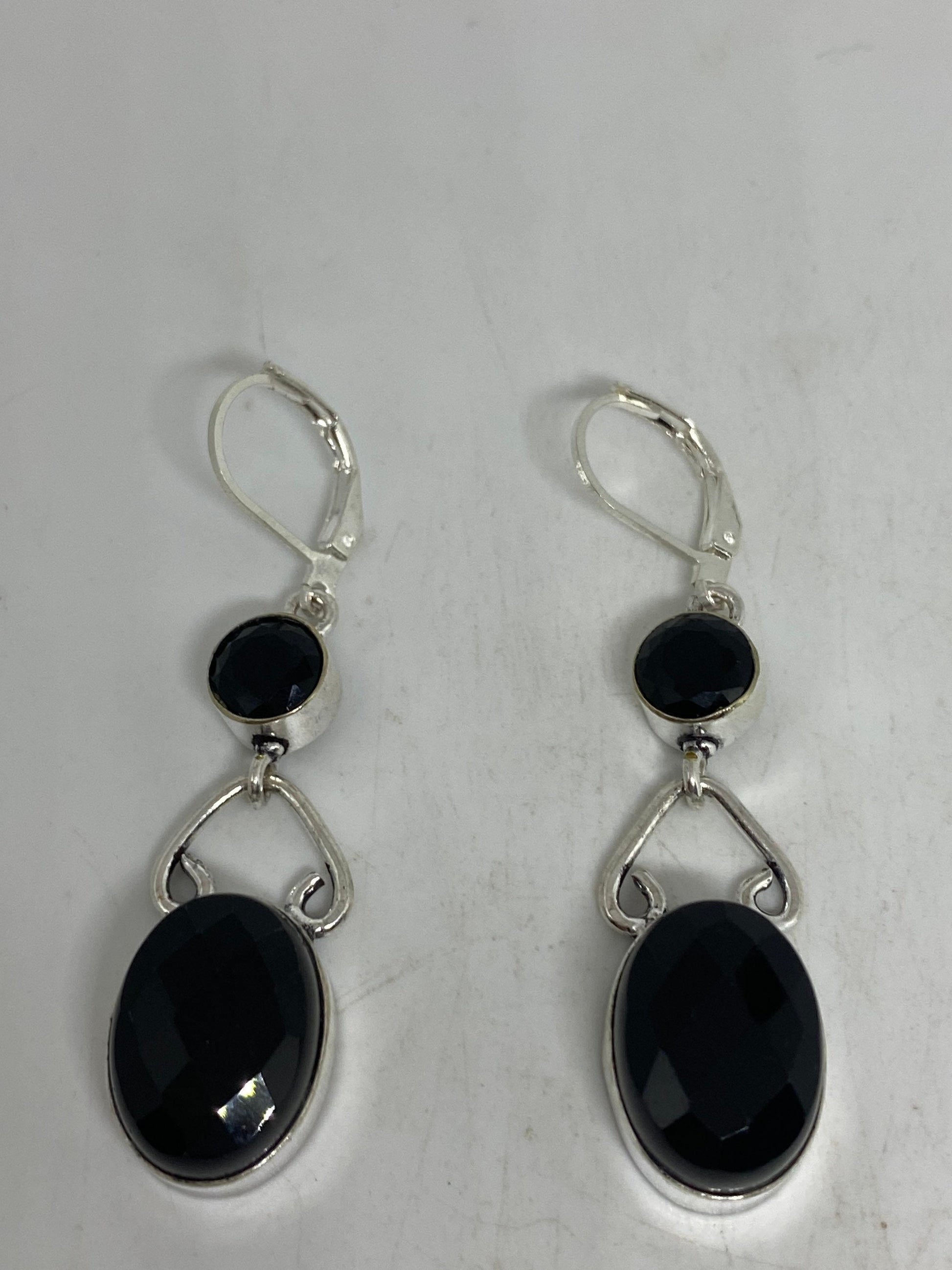 Vintage Black Earring Onyx 925 Sterling Silver Deco Dangle Chandelier