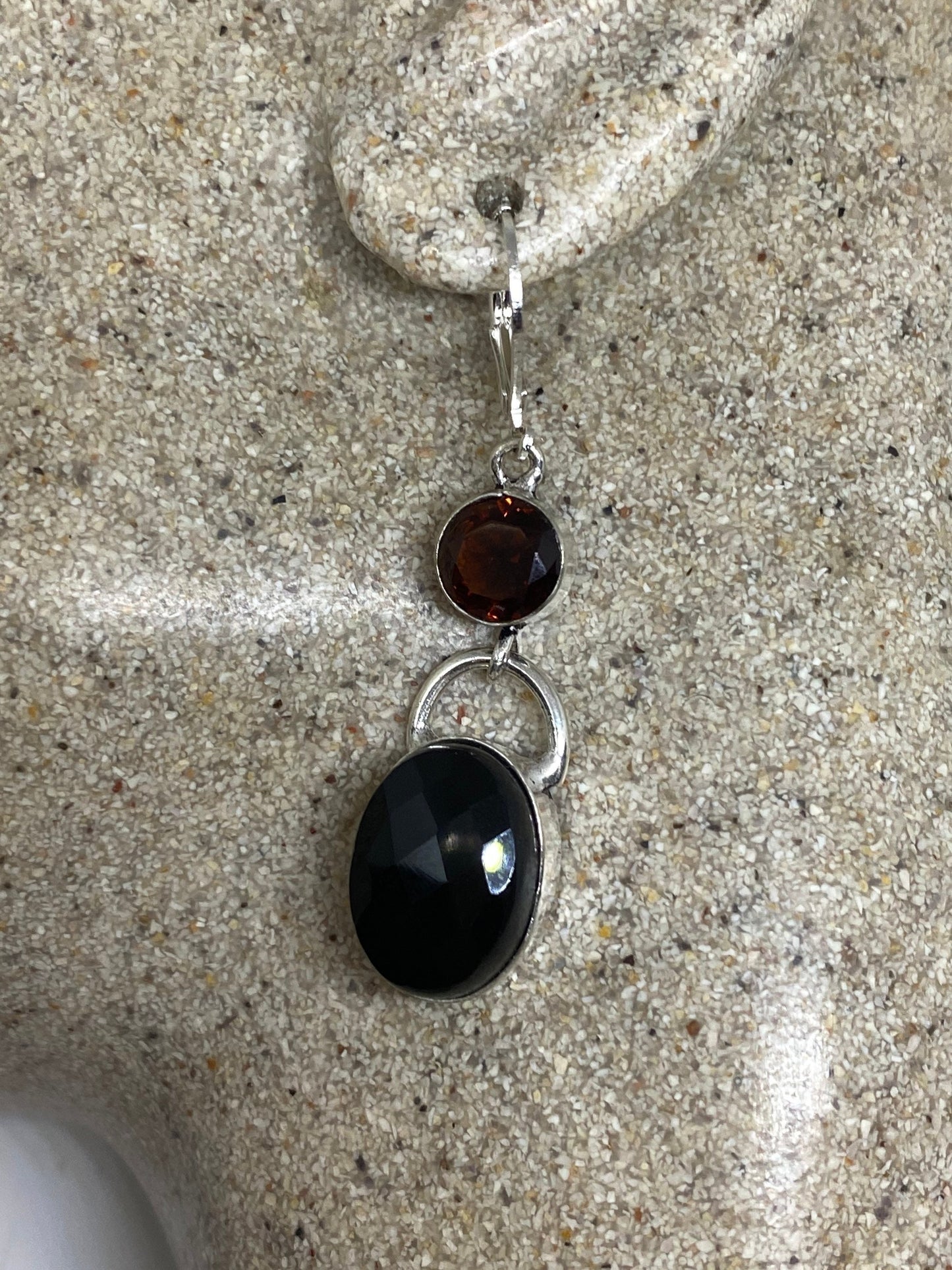 Vintage Black Earring Onyx and Garnet 925 Sterling Silver Deco Dangle Chandelier