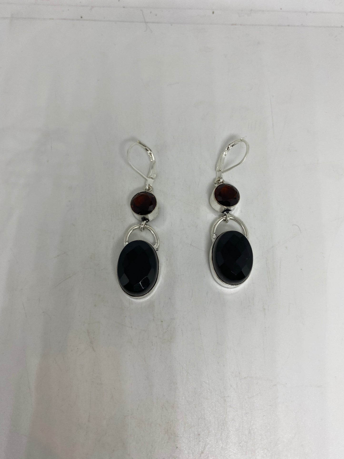 Vintage Black Earring Onyx and Garnet 925 Sterling Silver Deco Dangle Chandelier