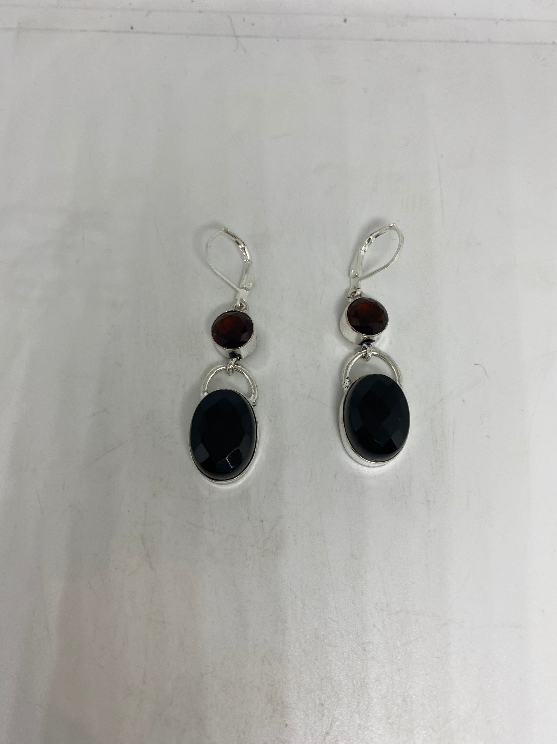 Vintage Black Earring Onyx and Garnet 925 Sterling Silver Deco Dangle Chandelier