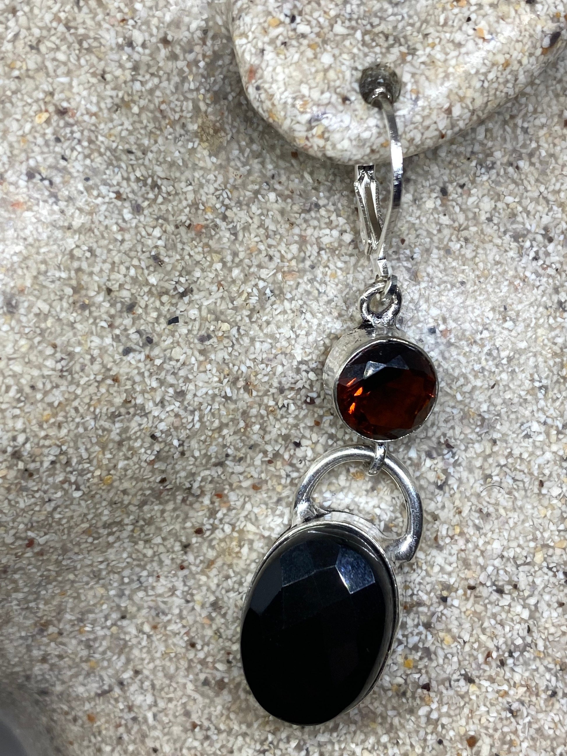 Vintage Black Earring Onyx and Garnet 925 Sterling Silver Deco Dangle Chandelier