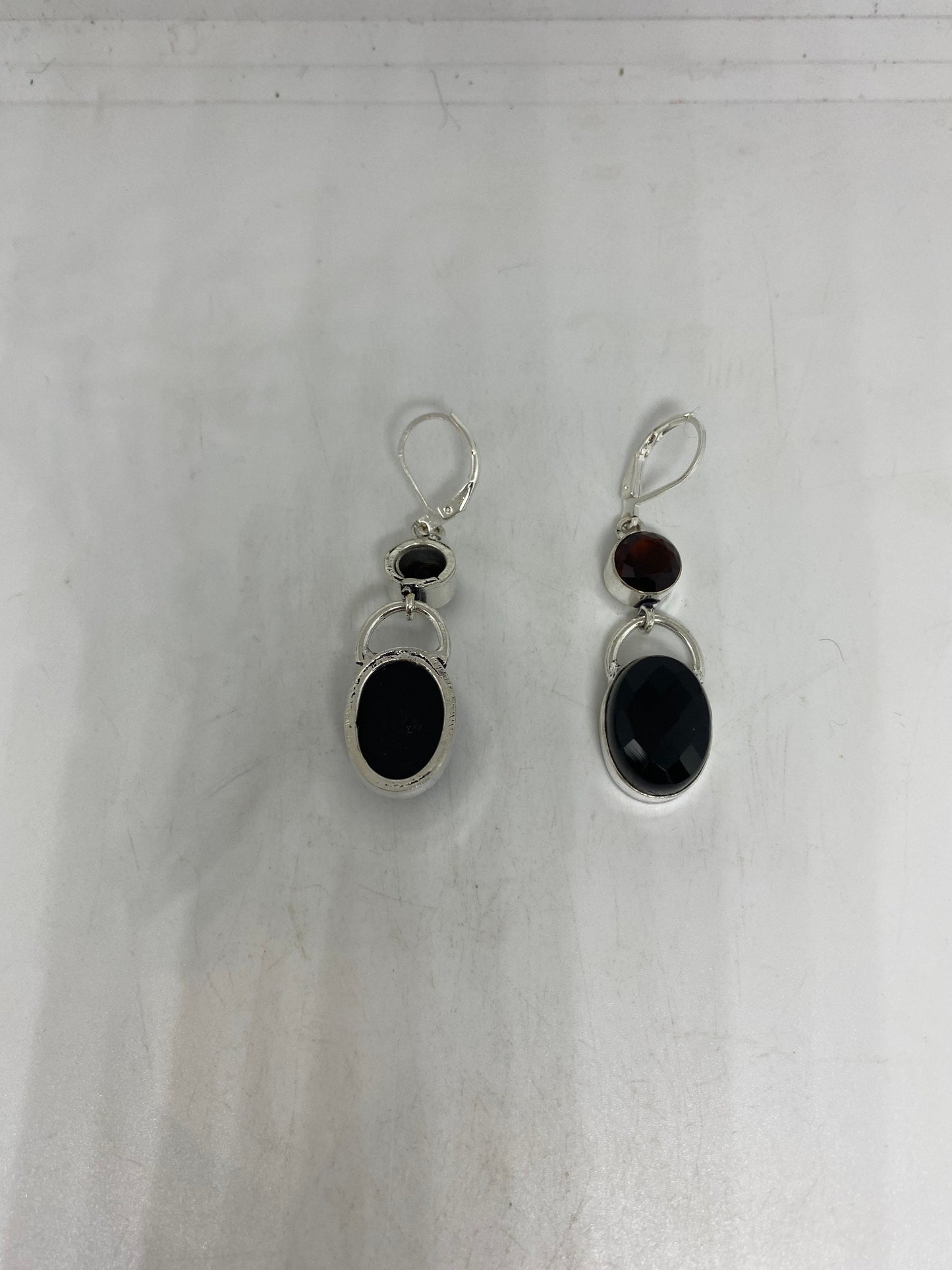 Vintage Black Earring Onyx and Garnet 925 Sterling Silver Deco Dangle Chandelier