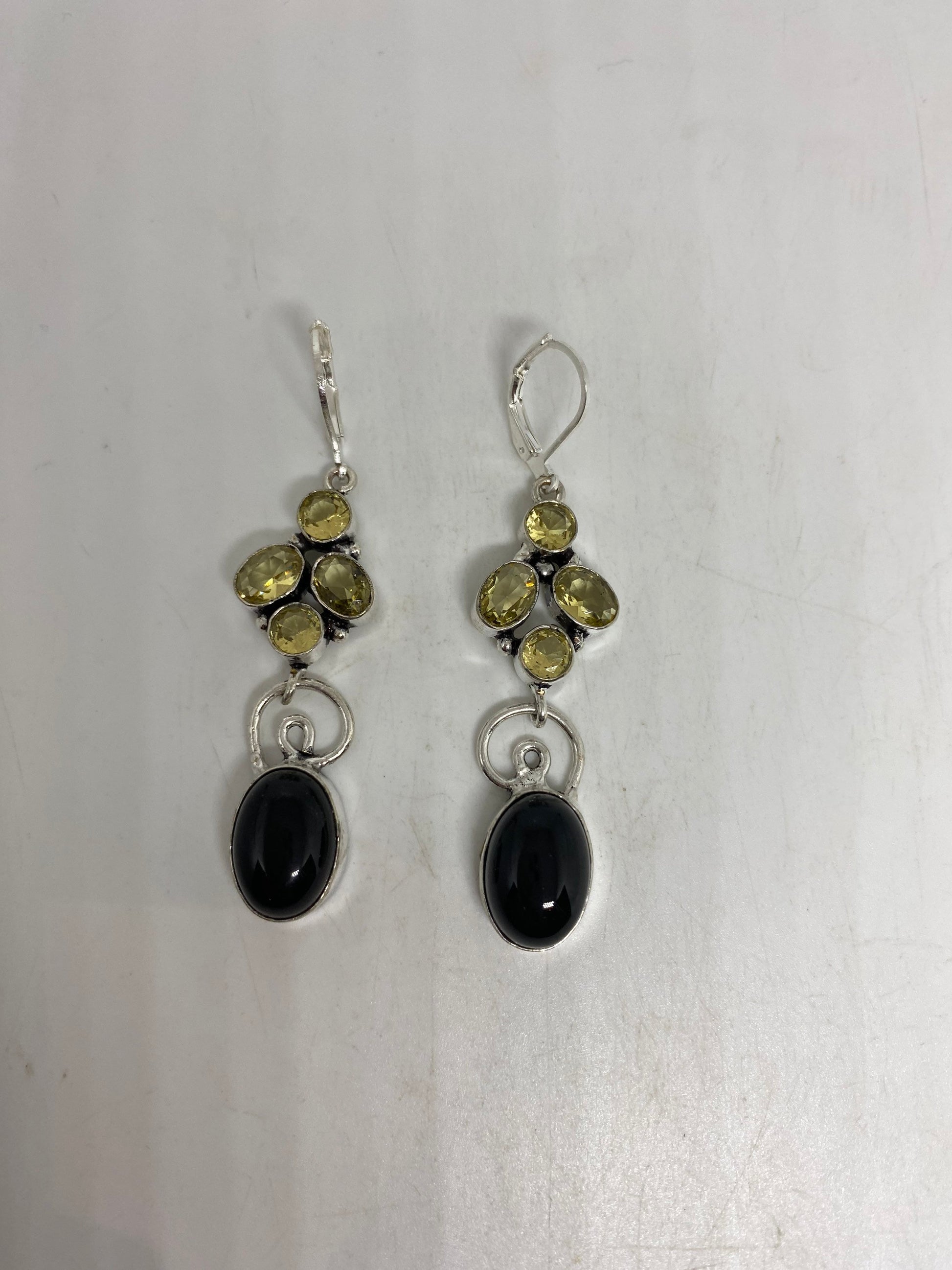 Vintage Black Earring Onyx 925 Sterling Silver Deco Dangle Chandelier