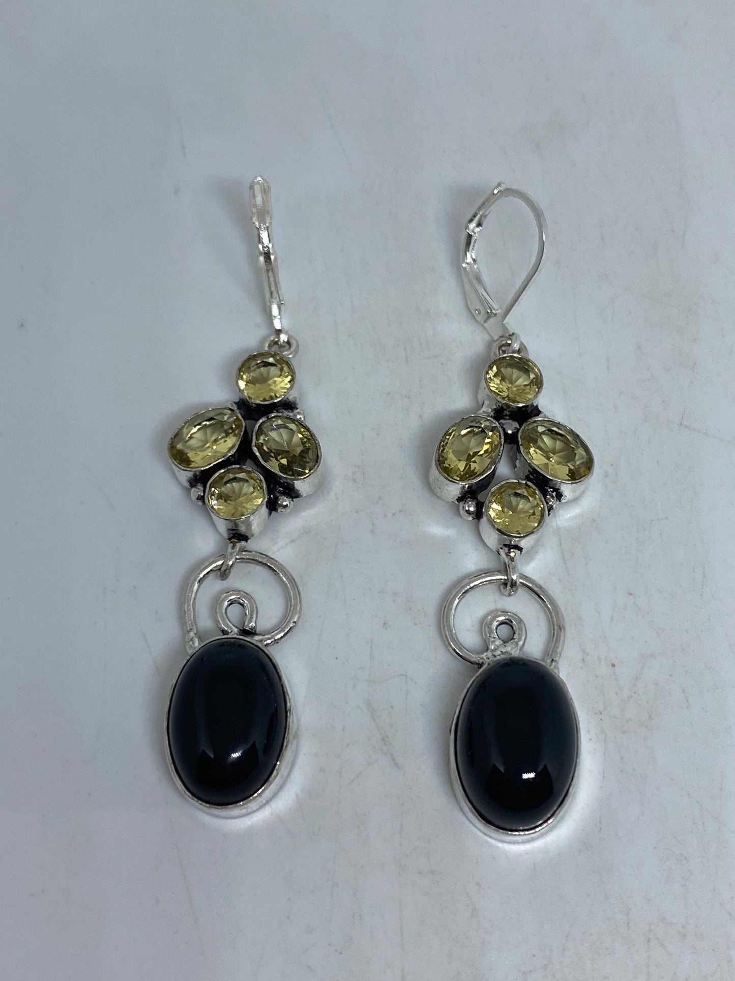 Vintage Black Earring Onyx 925 Sterling Silver Deco Dangle Chandelier
