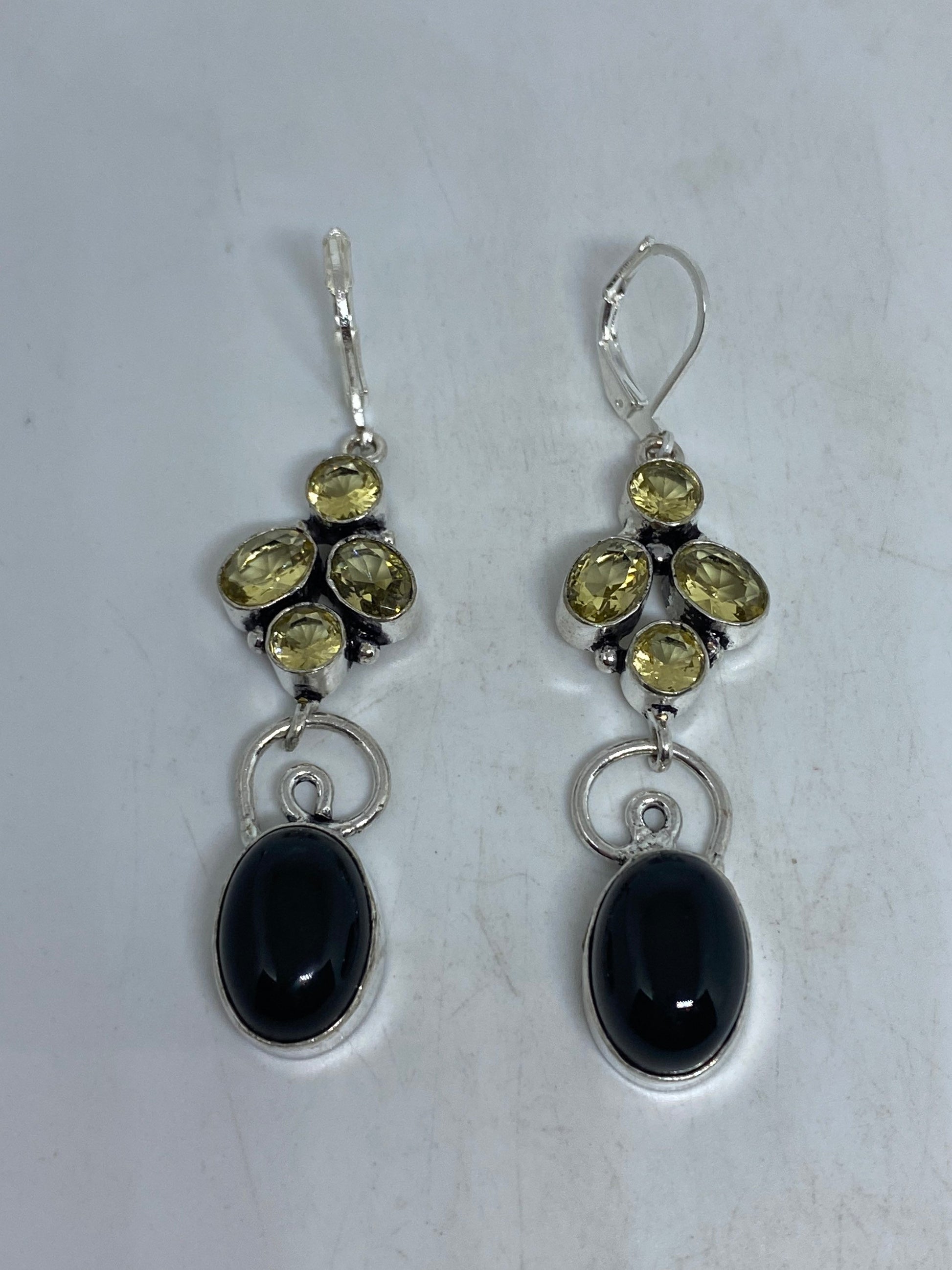 Vintage Black Earring Onyx 925 Sterling Silver Deco Dangle Chandelier