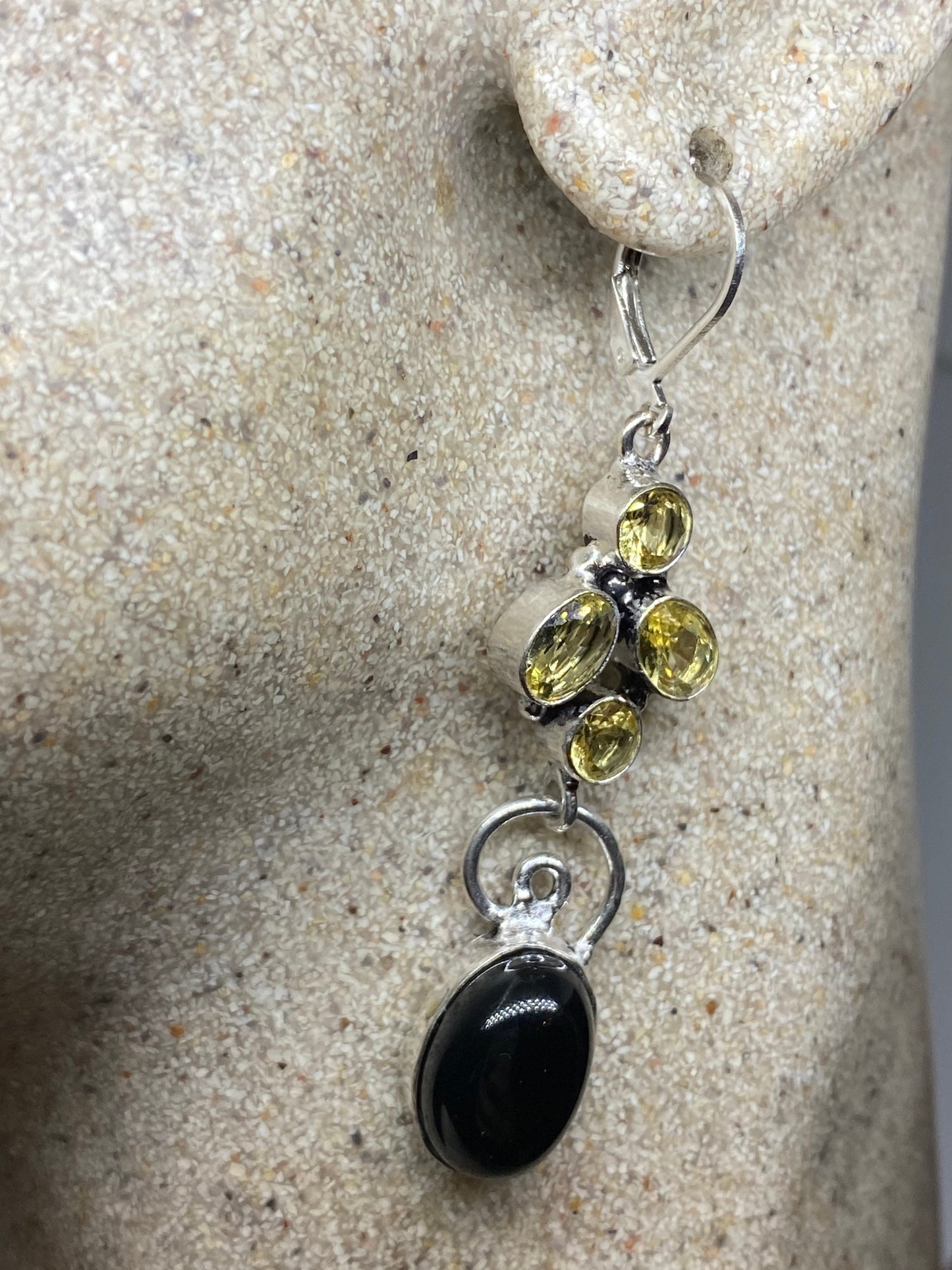 Vintage Black Earring Onyx 925 Sterling Silver Deco Dangle Chandelier