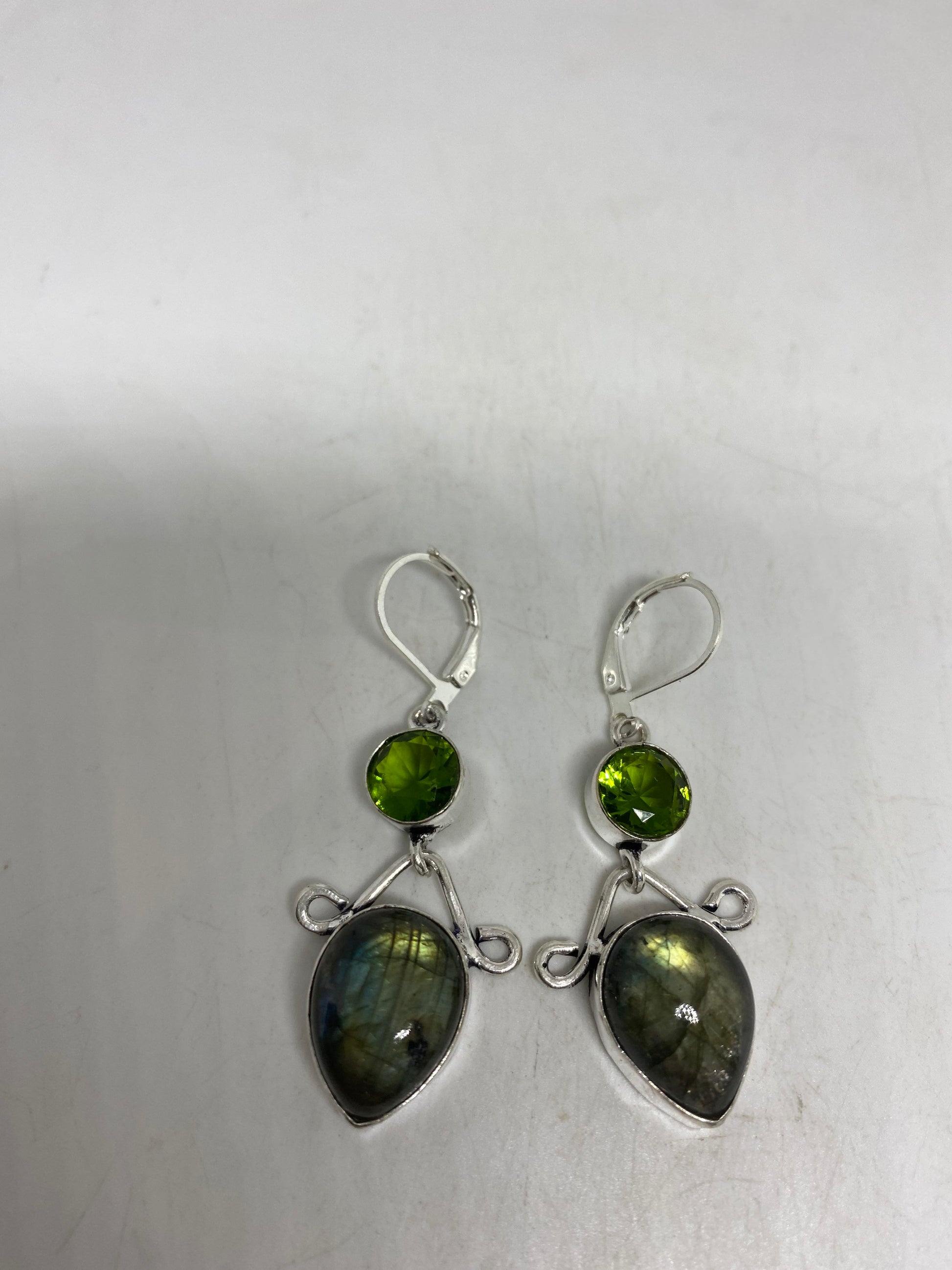 Vintage Labradorite Peridot Silver Dangle Lever Back Earrings