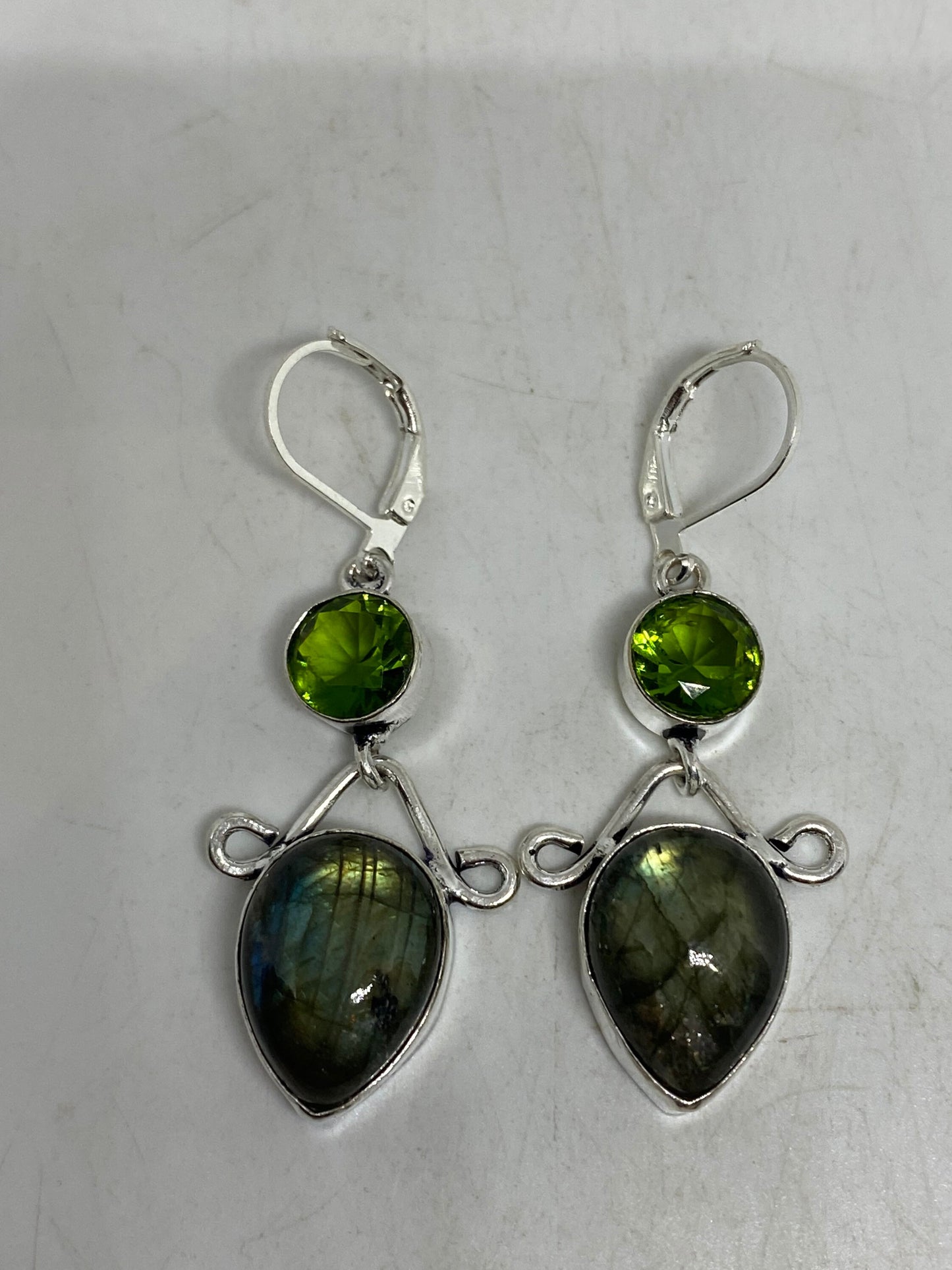 Vintage Labradorite Peridot Silver Dangle Lever Back Earrings