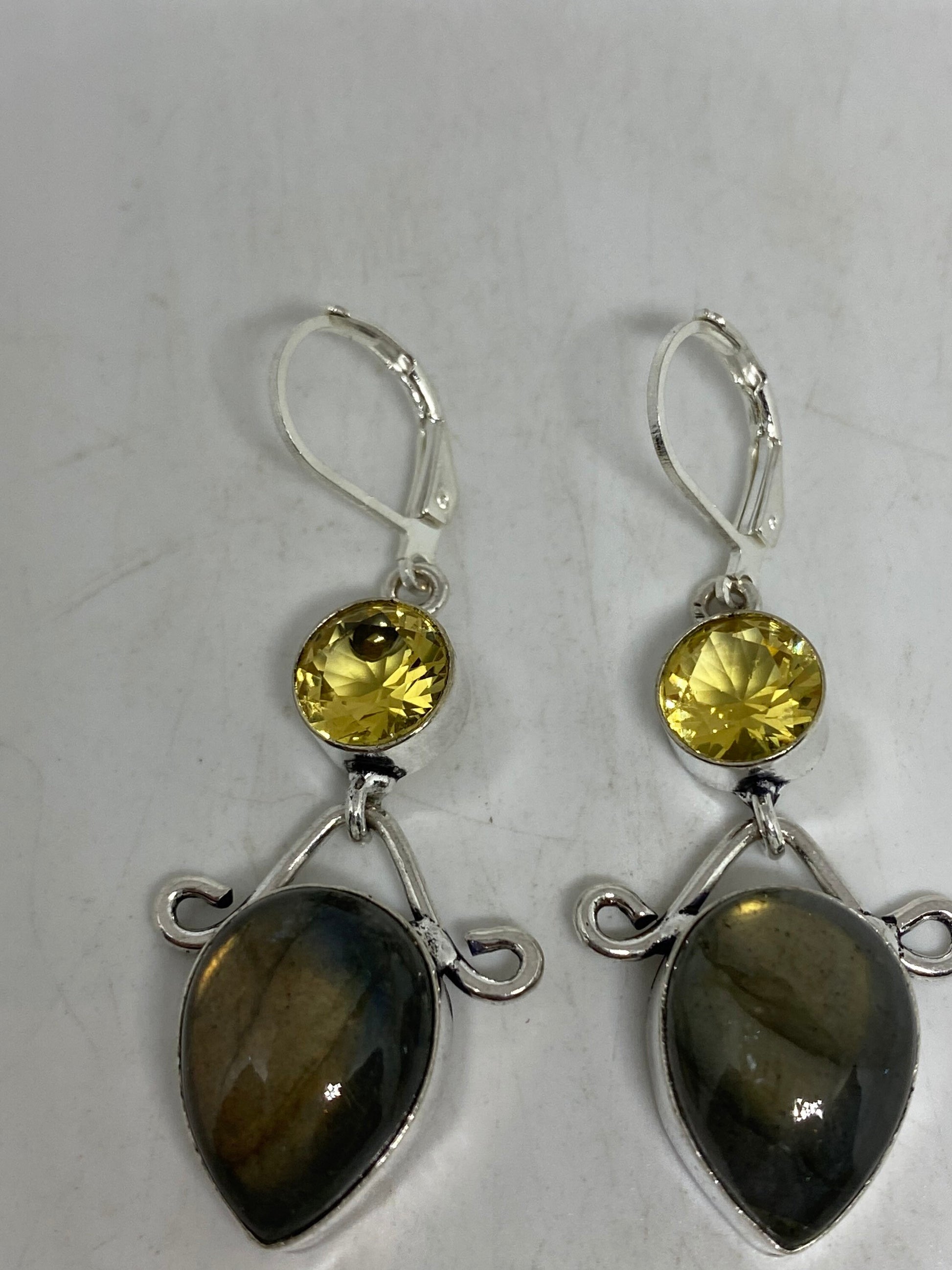 Vintage Labradorite Citrine Silver Dangle Lever Back Earrings