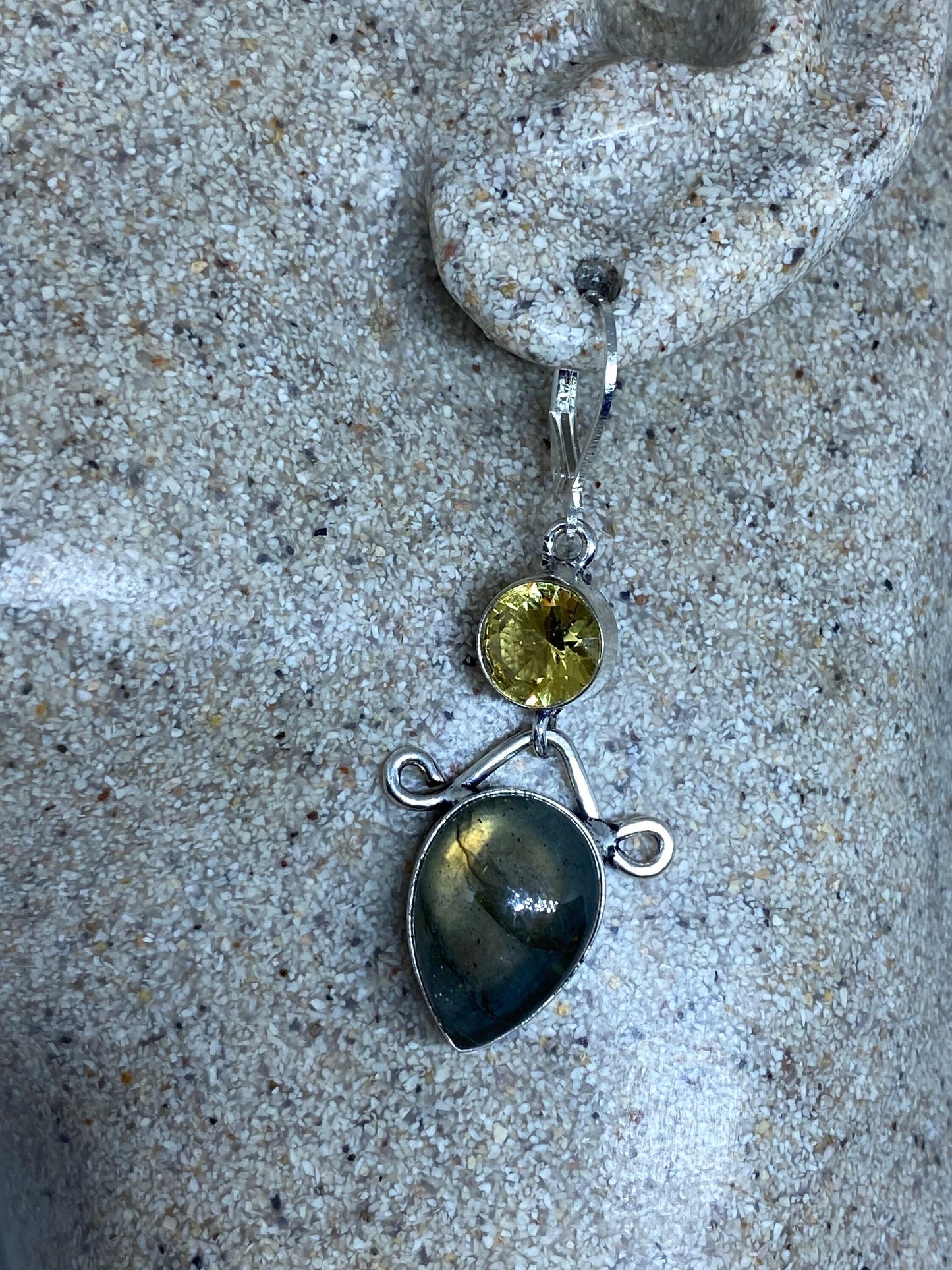 Vintage Labradorite Citrine Silver Dangle Lever Back Earrings